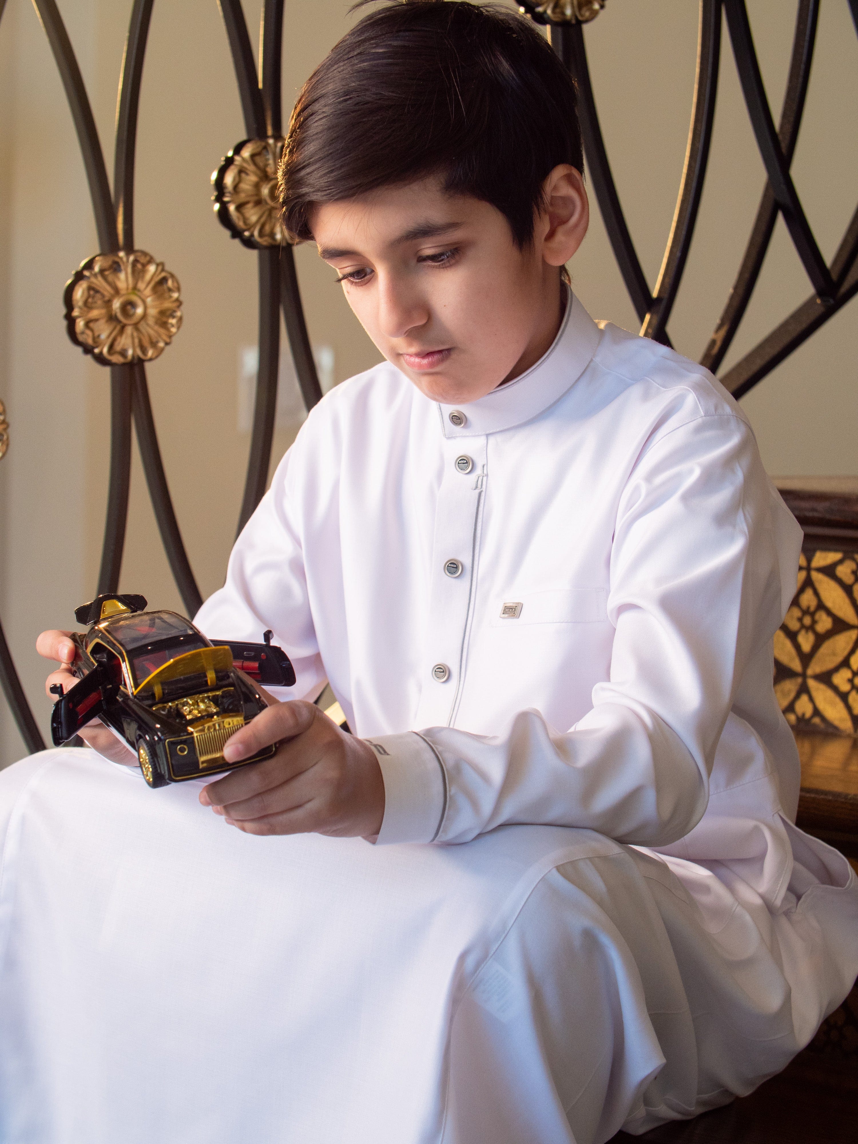 Premium White Kids Thobe 114B - Matching Father & Son Islamic Outfit for Eid, Ramadan & Special Occasions