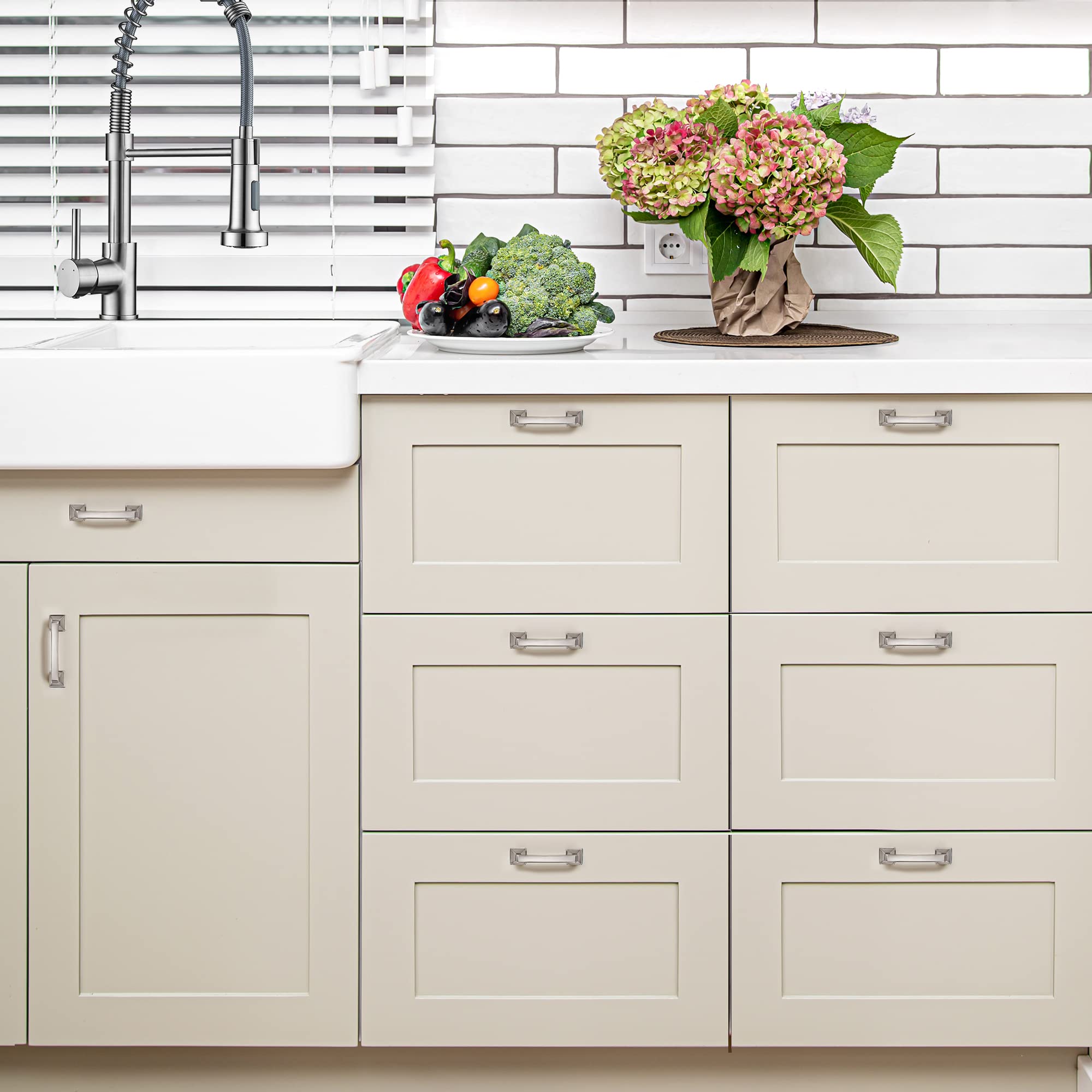 25 Pack Brushed Nickel Cabinet Pulls - 3 Inch Solid Square Drawer Handles for Kitchen Cabinets, Satin Nickel Arch Pulls, Durable Cabinet Hardware for Home & Office Use
