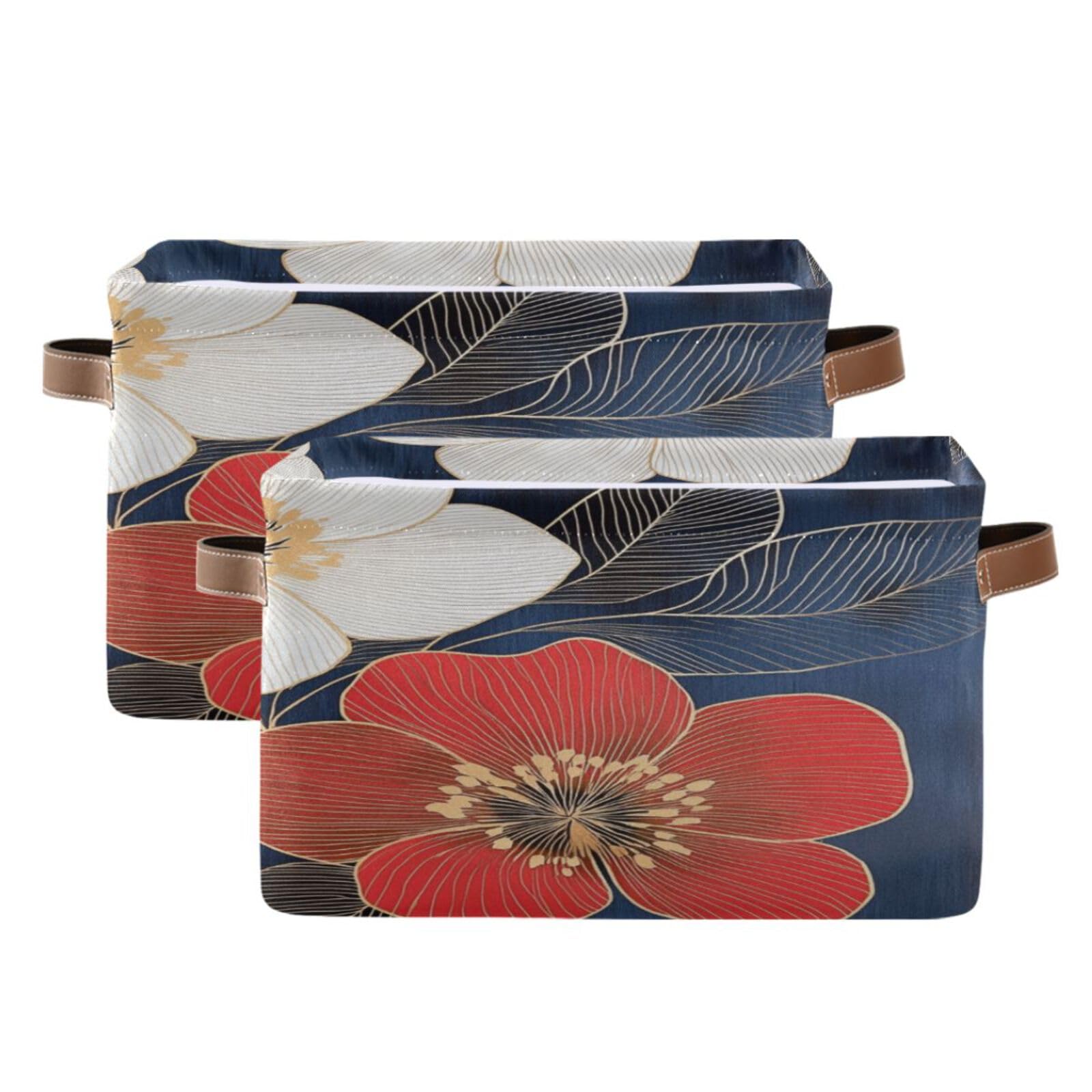 Large Fabric Storage Bins with Handles - Collapsible Organizer for Clothes, Toys & Home - Floral Sketch Design