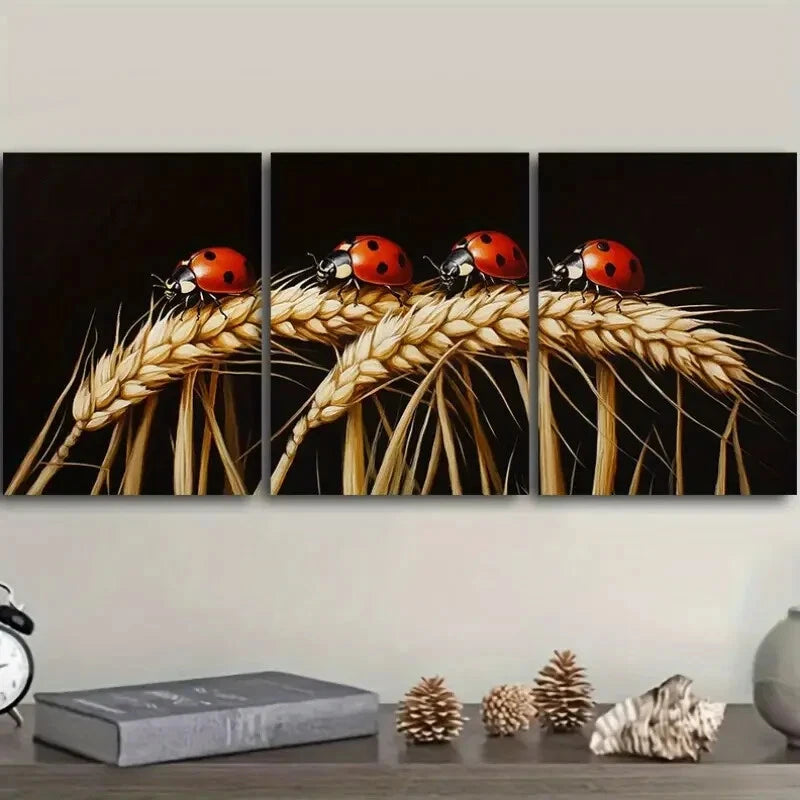 3pcs Ladybug on Wheat Metal Wall Art - Ready to Hang Home Decor for Living Room, Bedroom & Office