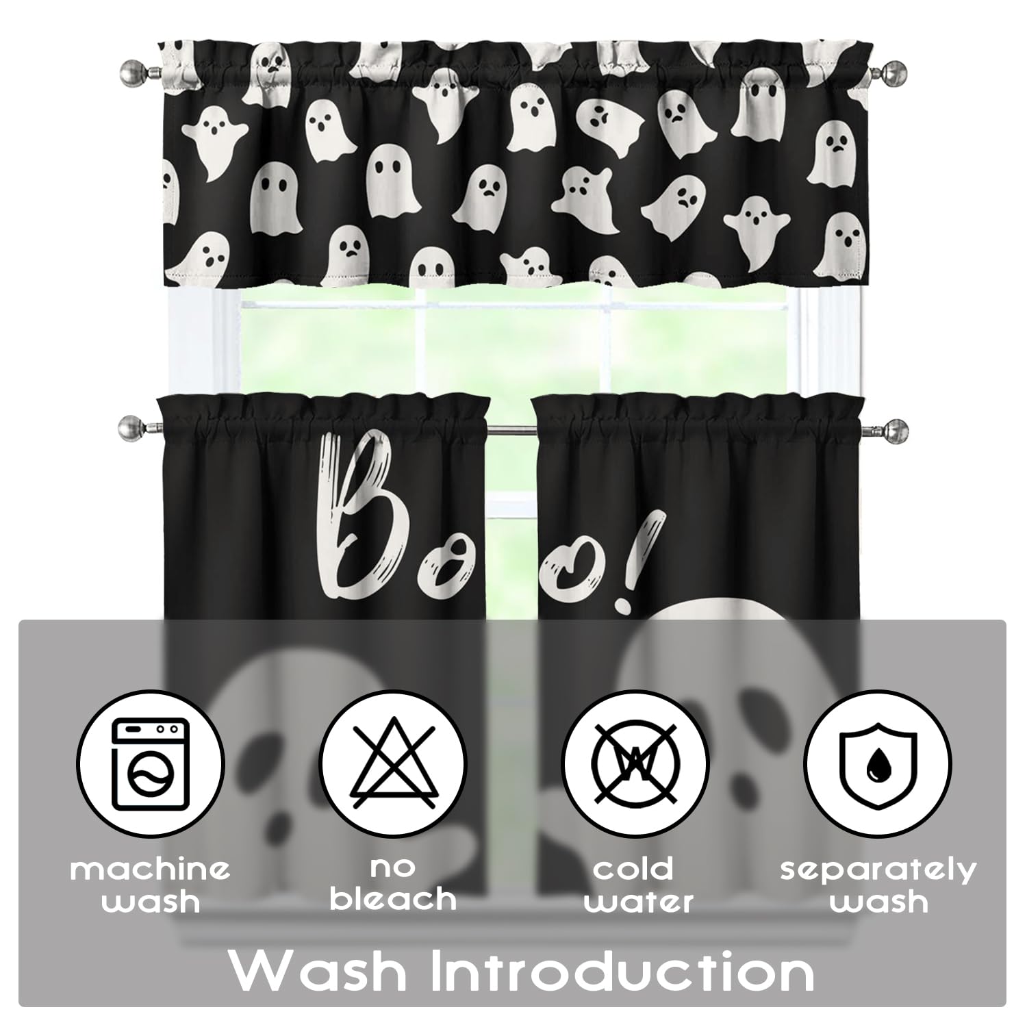 Spooky Halloween Kitchen Curtains 3-Piece Set - Ghost Design for Sink Window Decor