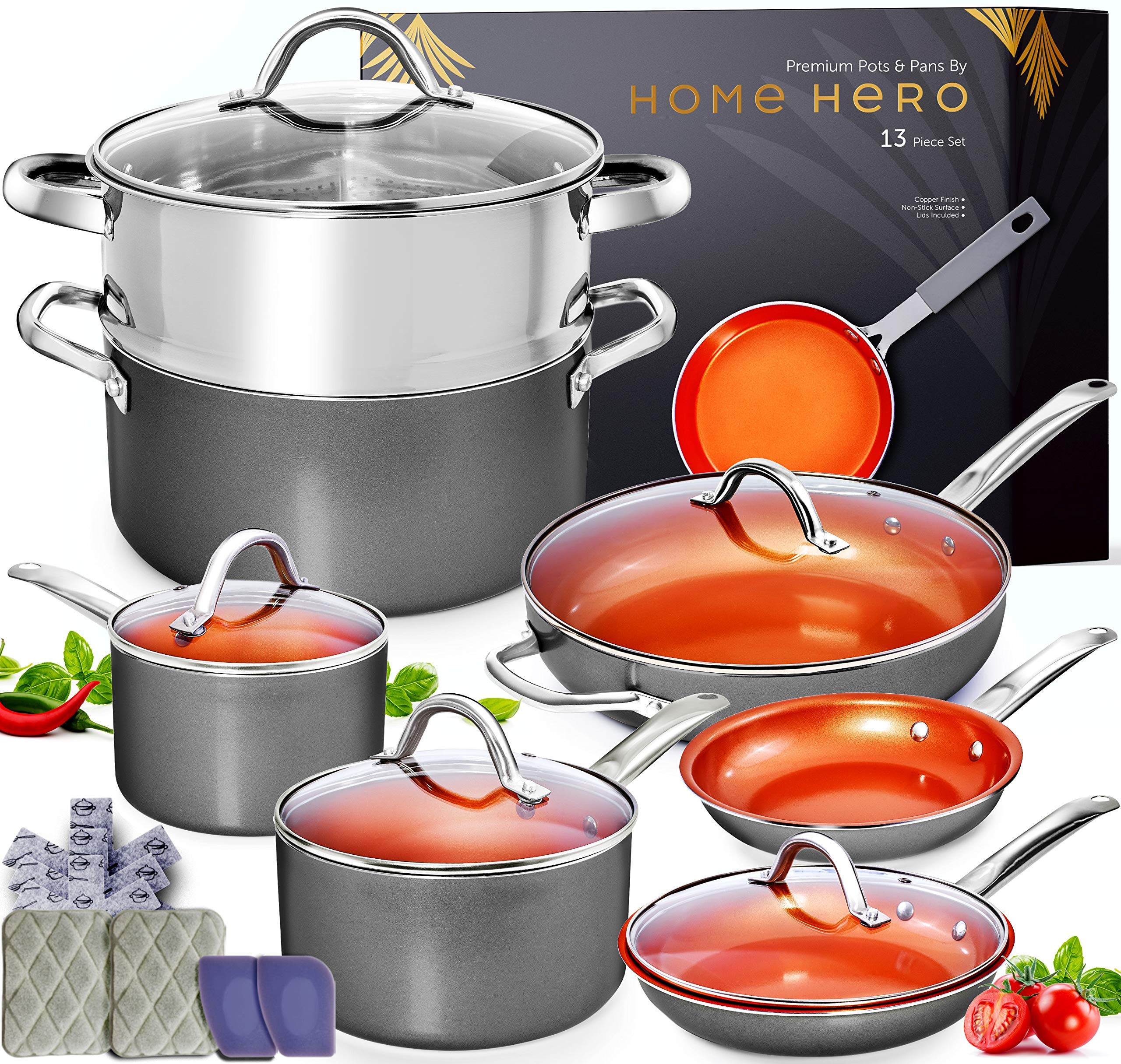 Home Hero 13-Piece Nonstick Cookware Set - Stainless Steel Pots & Pans with Copper Coating for Induction Stoves | Perfect for Frying, Boiling & Everyday Cooking | Durable Kitchen Cookware Set for Home Chefs