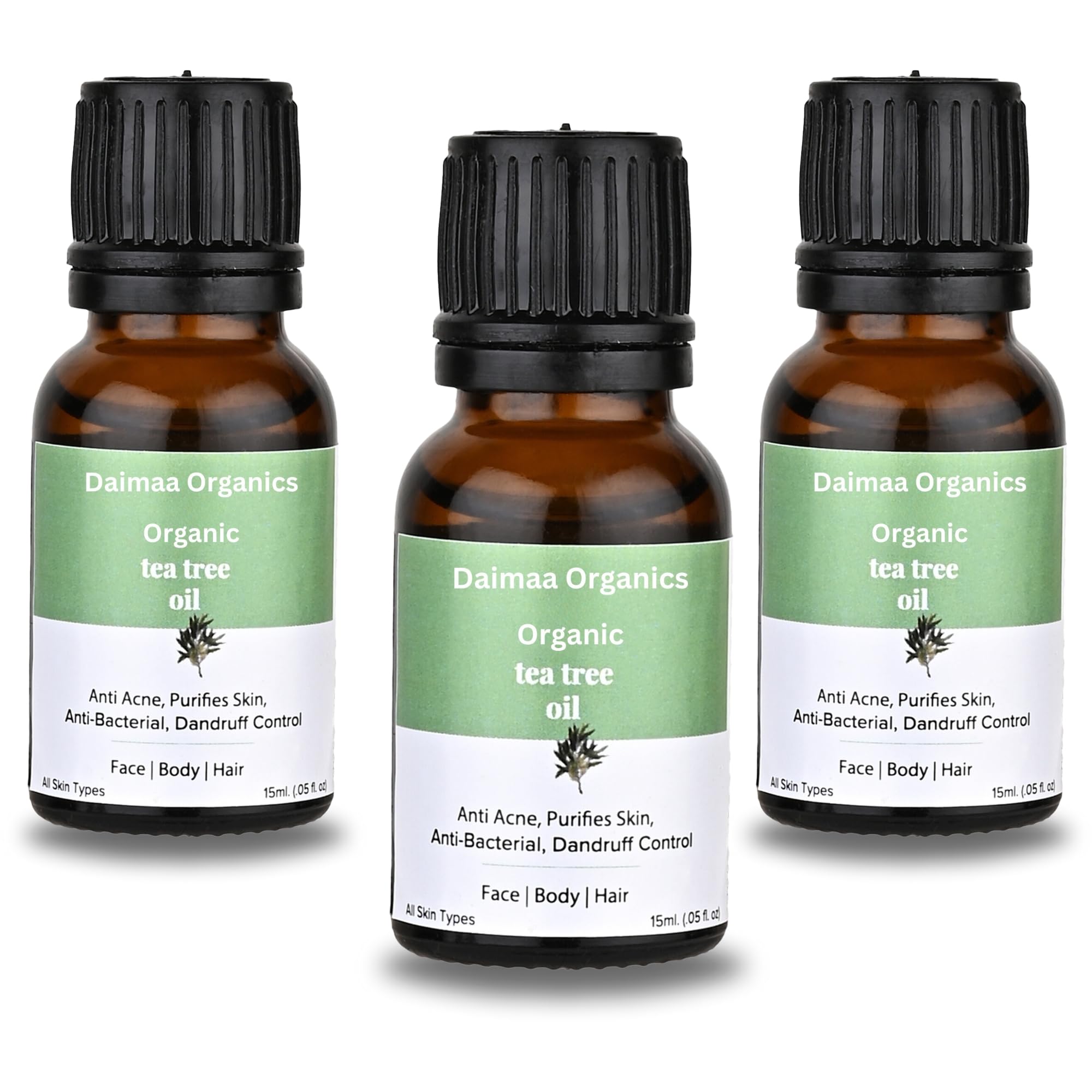 **Organic Tea Tree Essential Oil for Face, Hair & Body - 100% Pure, Steam Distilled, 15ml (Pack of 3) - Relaxing, Soothing & Calming for Skin Care, Aromatherapy & Stress Relief**