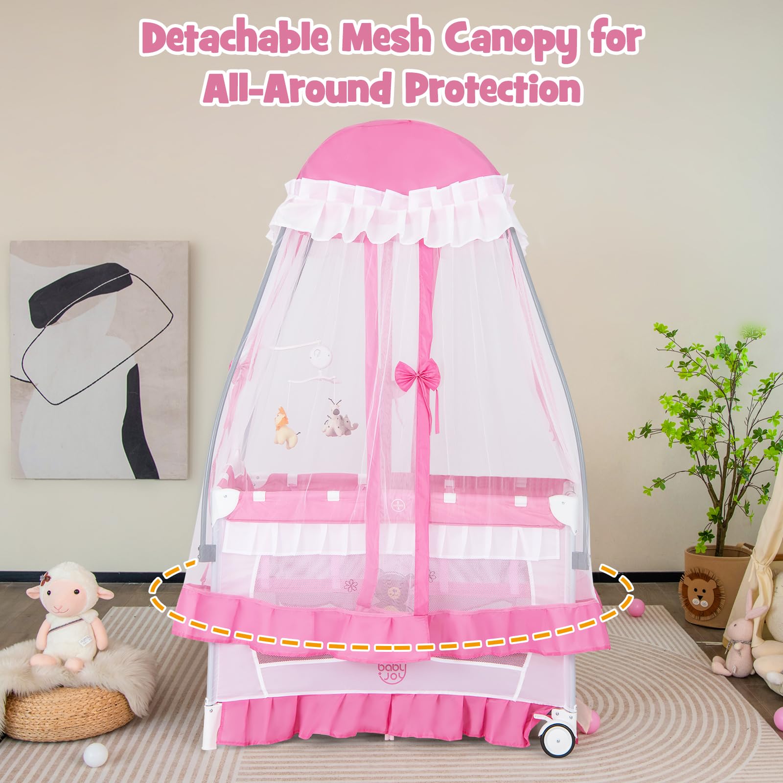 BABY JOY 4-in-1 Portable Playard with Canopy & Bassinet - Foldable Baby Crib with Wheels & Brake for Newborn to Toddler - Perfect for Travel, Nursery & Playtime (Pink)