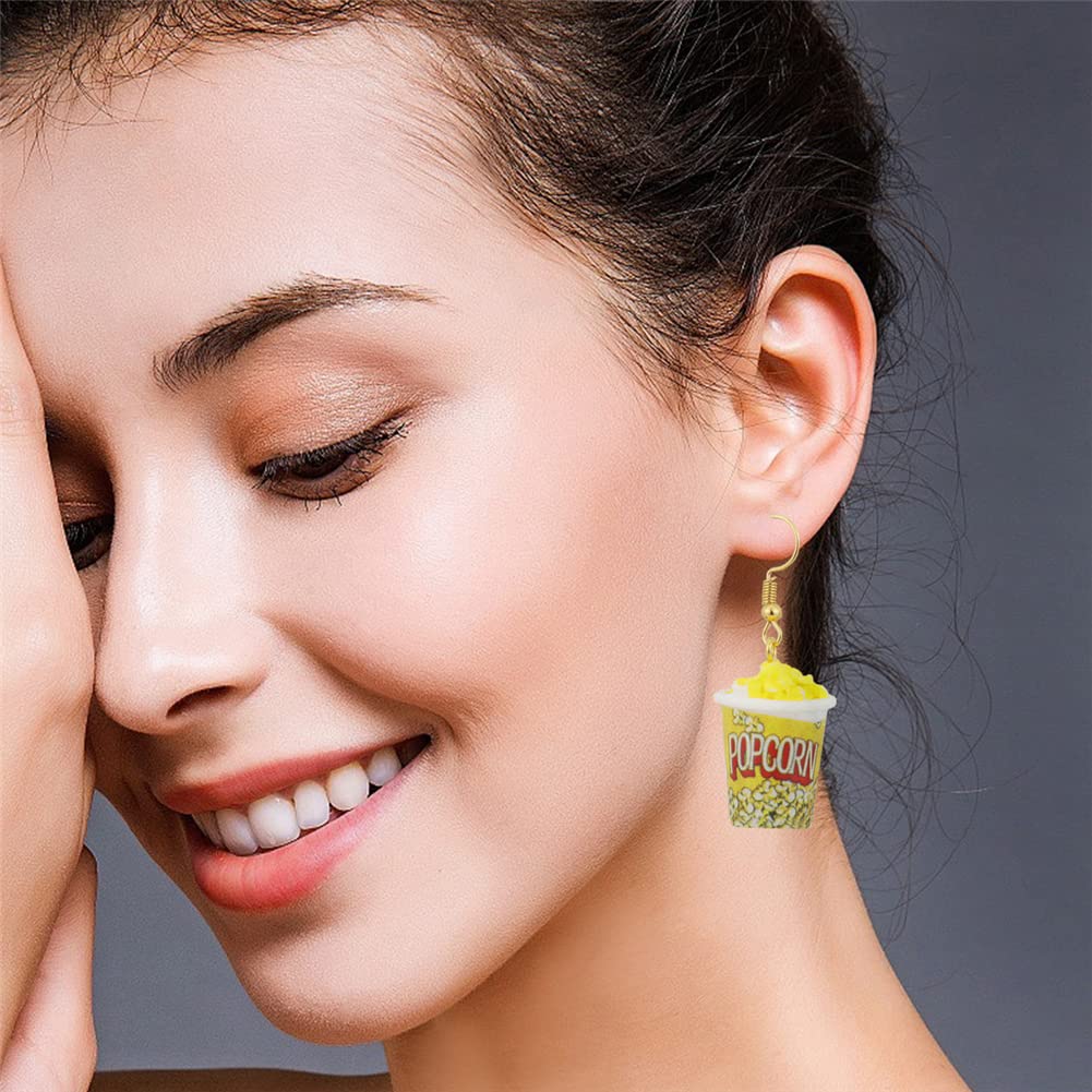 Handmade Resin Popcorn Earrings - Cute Cartoon Food Drop Earrings for Girls, Fun Gift Idea for Movie Nights & Snack Lovers