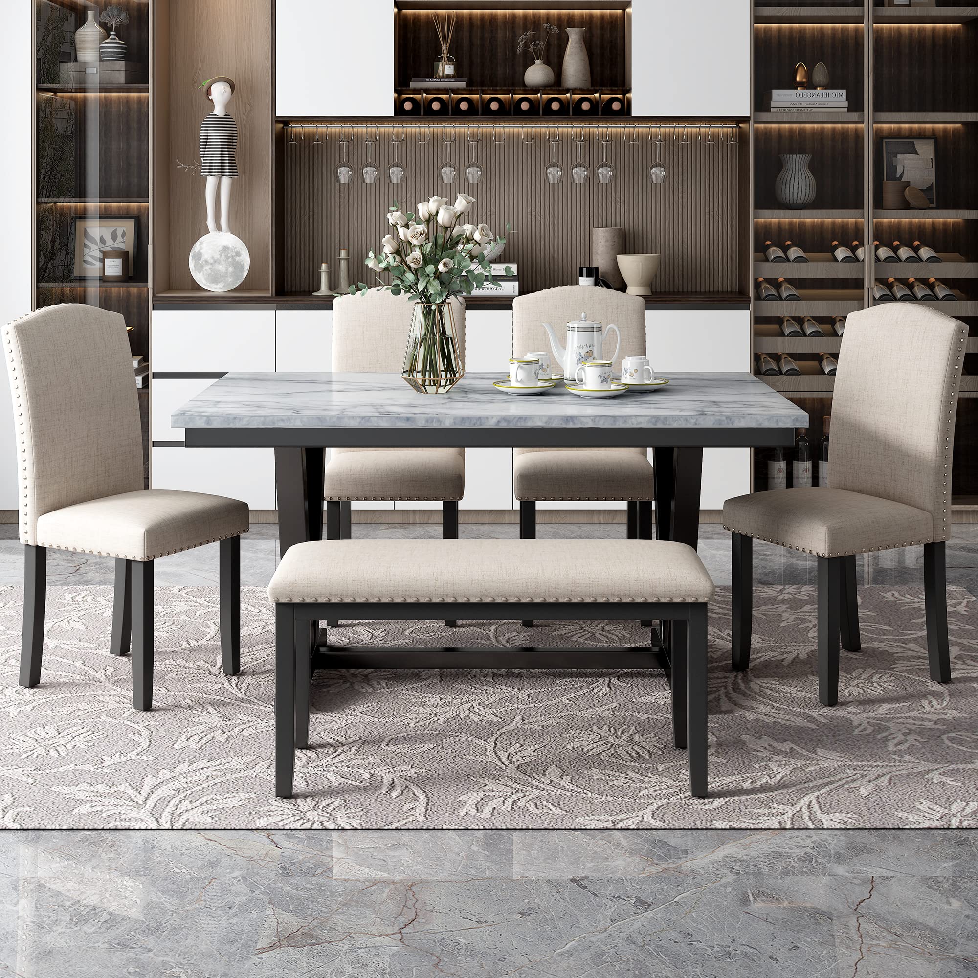 Yoglad 6-Piece White Dining Table Set with 60
