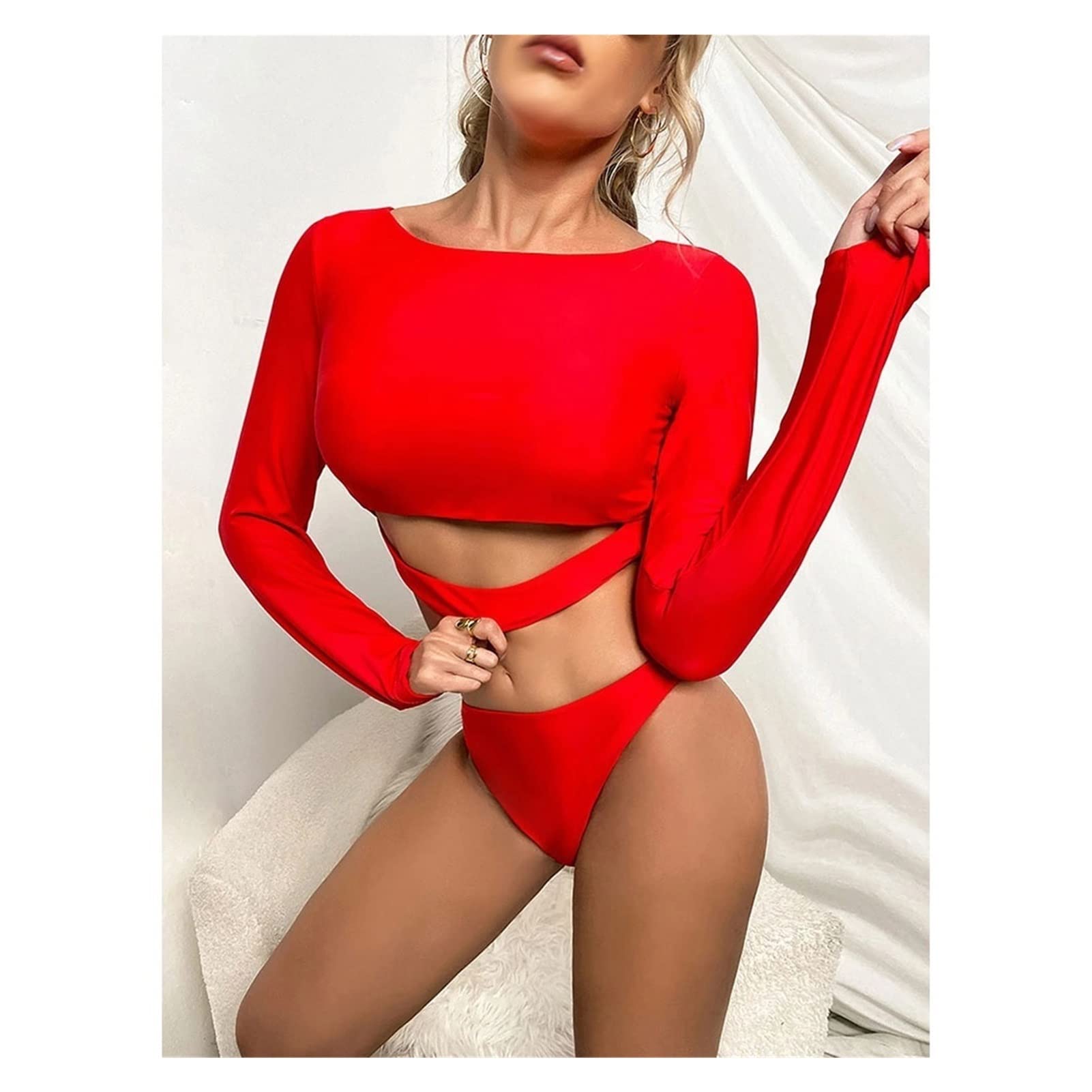 JHHDP Women's Long Sleeve Two-Piece Bikini Swimwear - Solid Color Bathing Suit for Beach & Pool - Perfect for Swimming, Surfing & Summer Vacations (Color A, Size S)