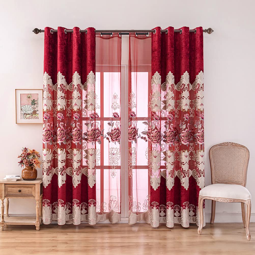 ELKCA Luxury Burgundy Red Chenille Floral Embroidered Curtains - Peony Design Grommet Top Window Drapes 52x84 Inches, 2 Panels for Bedroom, Living Room & Home Decor