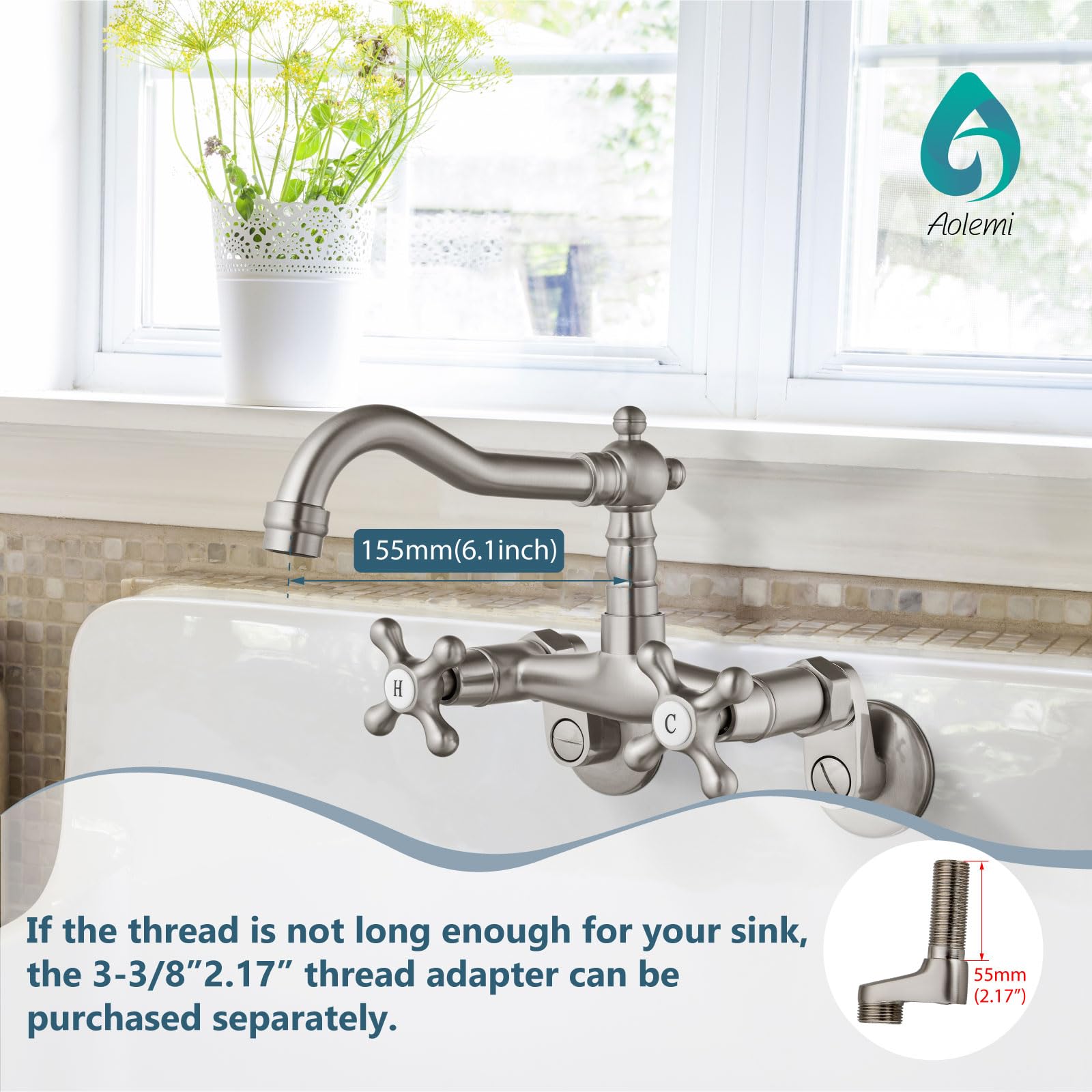 Aolemi Brushed Nickel Wall Mounted Kitchen Faucet with 2 Cross Handles & 6