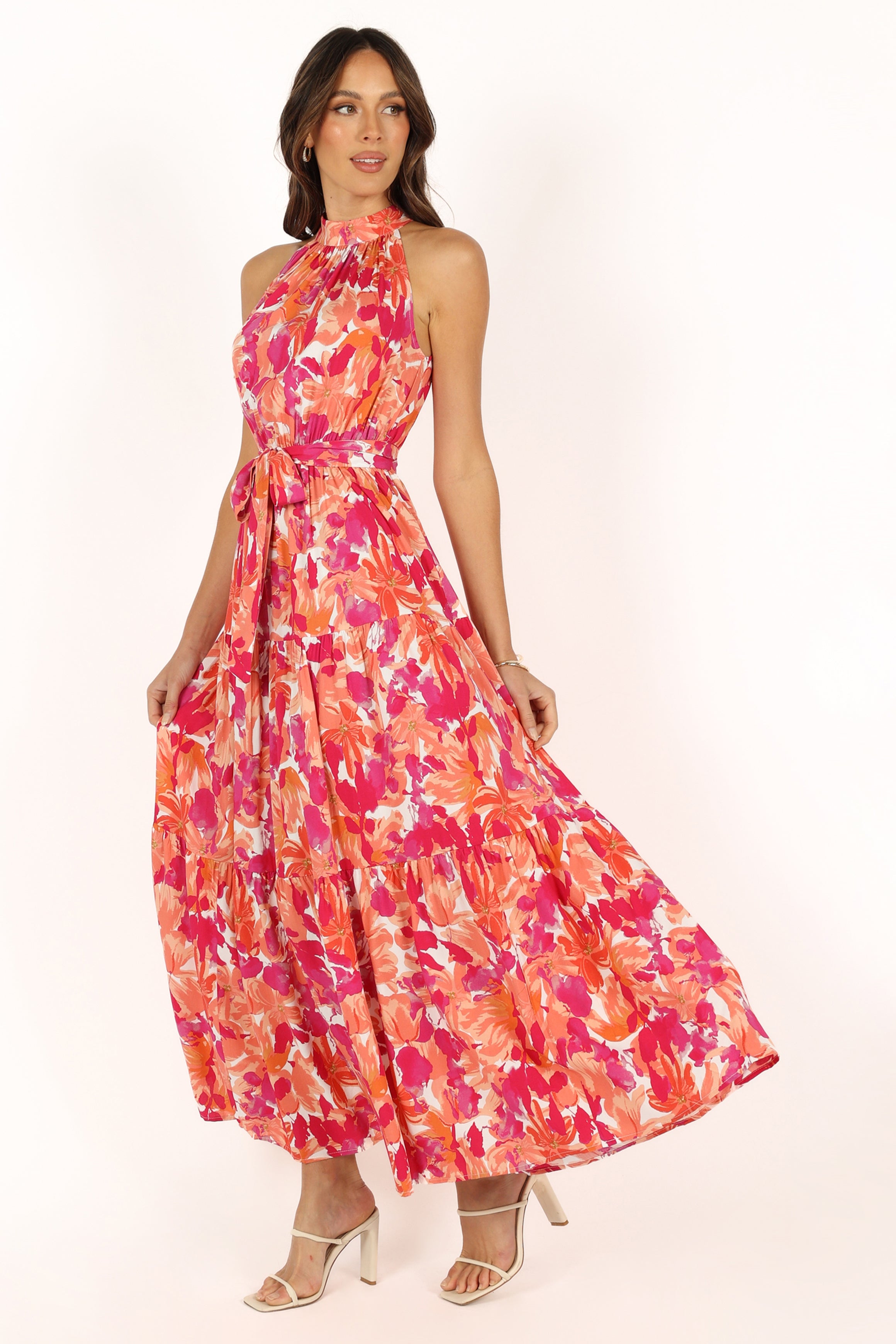 Caroline Maxi Halter Dress in Red Orange - Elegant Summer Beach Wedding & Vacation Dress for Women