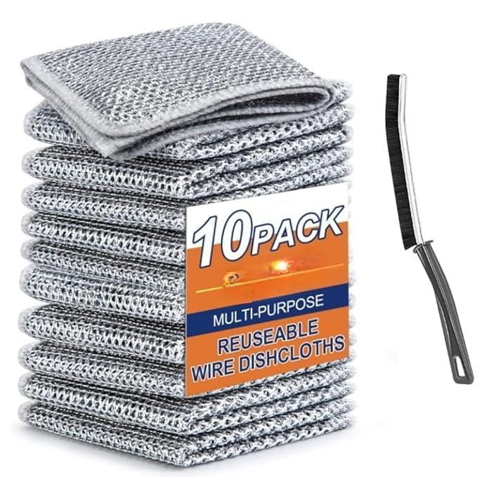Stainless Steel Scrubber Sponge with Cleaning Brush - 10 Pack Non-Scratch Dishwashing Pads for Pots, Pans & Cookware - Heavy Duty Wet/Dry Cleaning Cloths for Kitchen, Camping & Outdoor Use