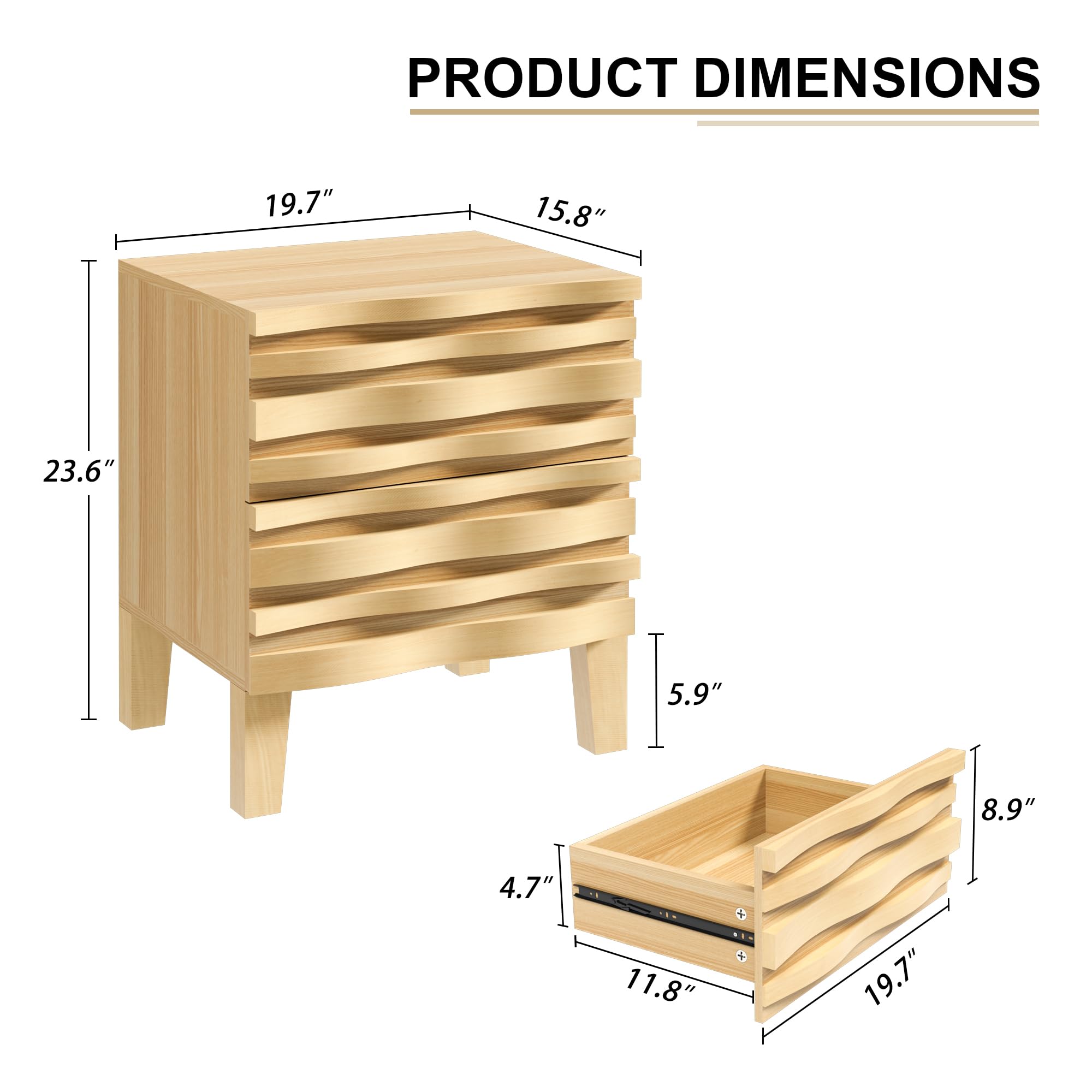 Mid Century Modern 6-Drawer Dresser and Nightstand Set - Solid Wood Bedroom Furniture with Fluted Design & Moire Pattern - Ivory White Storage Set for Master Bedroom, Guest Room, or Apartment