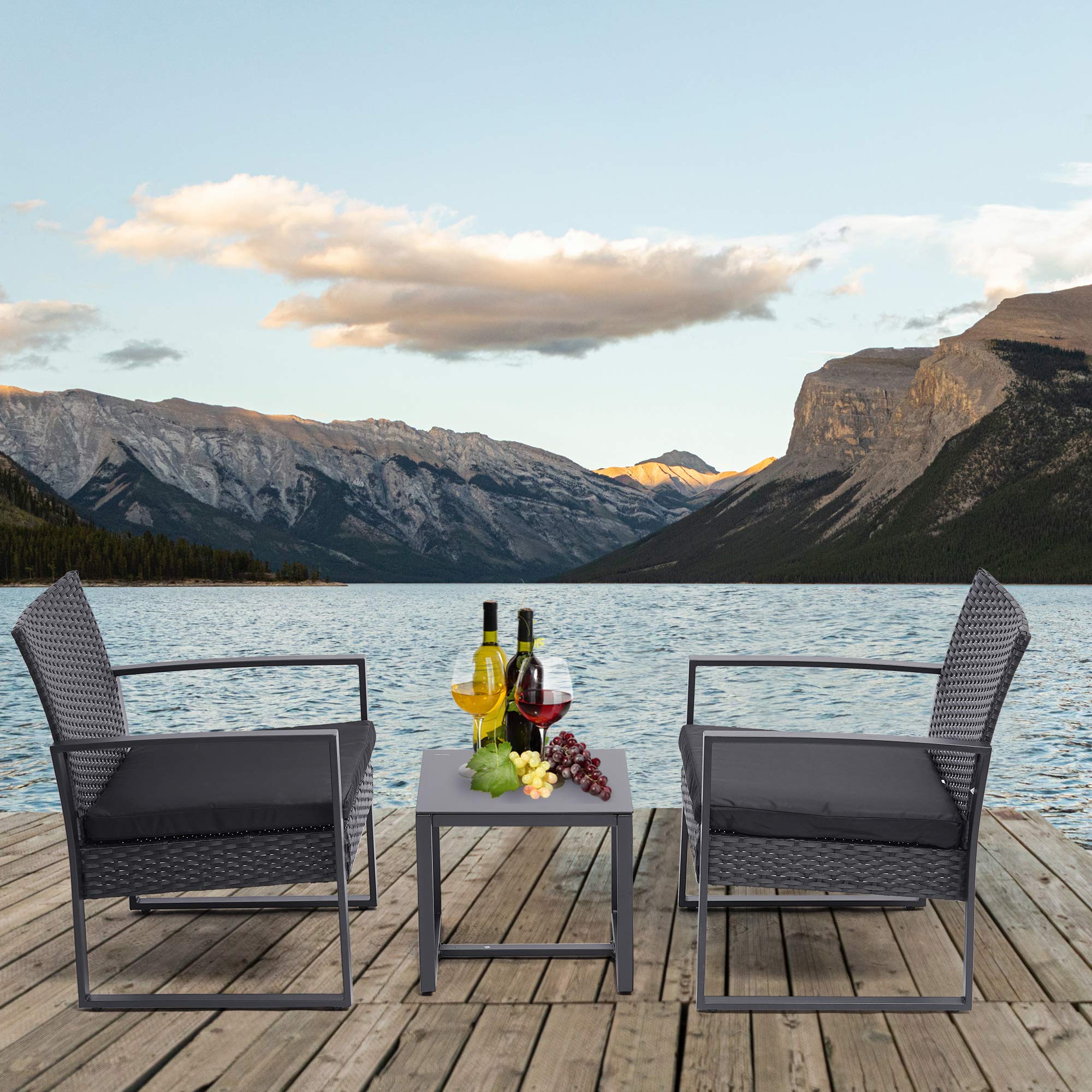 BELANITAS Small Patio Furniture Set - Outdoor Bistro Table & Chairs with Tempered Glass Top, Handwoven Wicker UV-Resistant for Porch, Garden, Backyard - Perfect for Relaxing, Dining & Entertaining