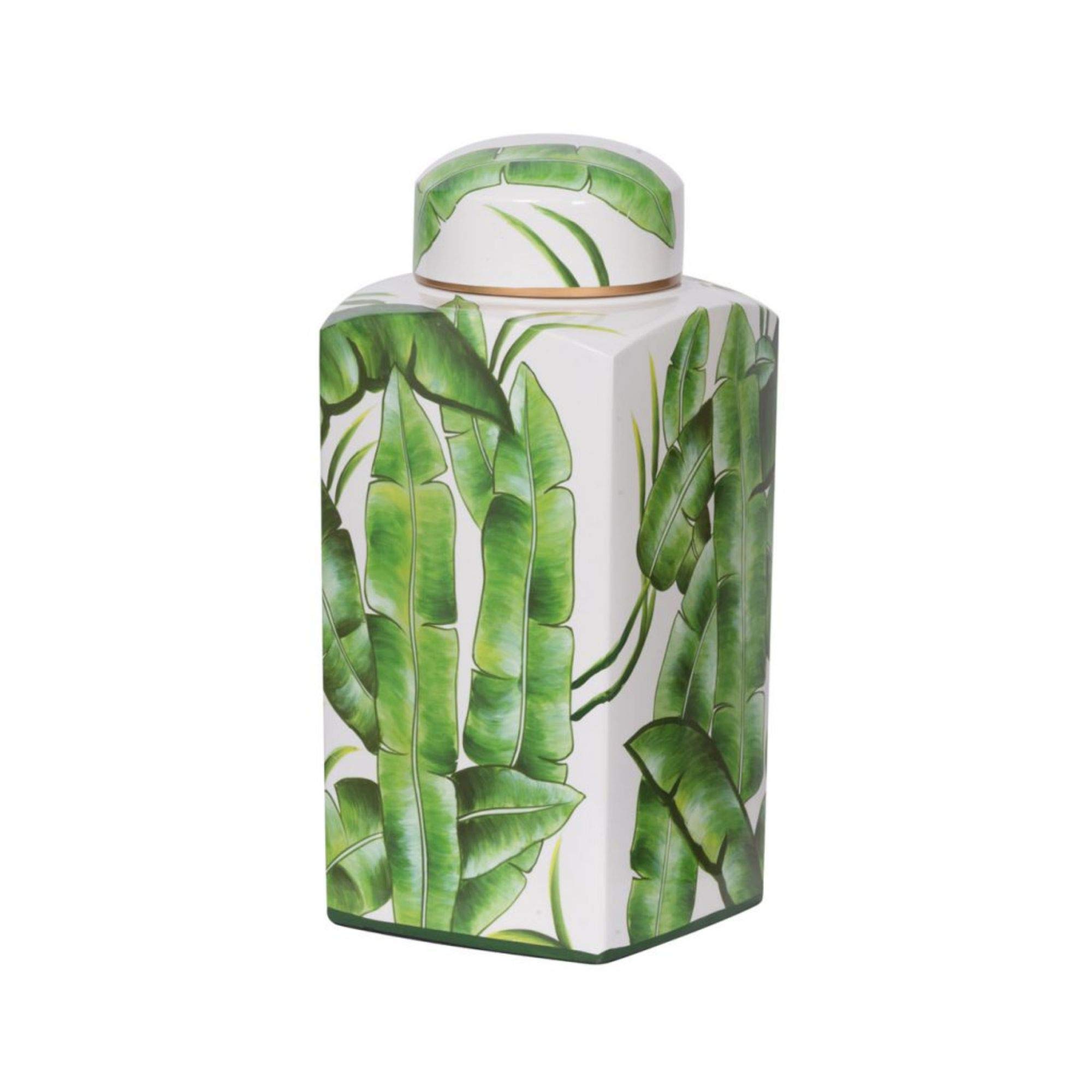 A & B Home 14-Inch White and Green Leaf Design Square Lidded Jar - Perfect for Kitchen Storage, Bathroom Organization, and Home Decor