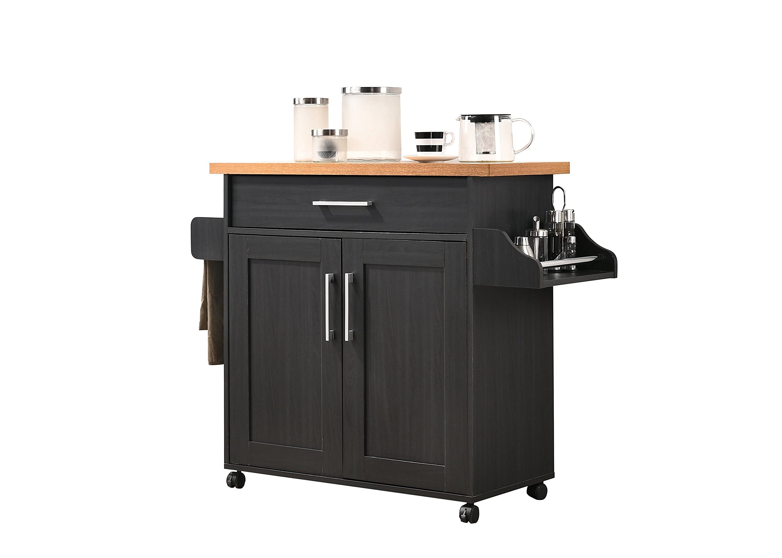 Hodedah Black Kitchen Island with Spice Rack, Towel Rack & Drawer - Beech Wood Countertop for Small Kitchen, Dining Room or Pantry Organization