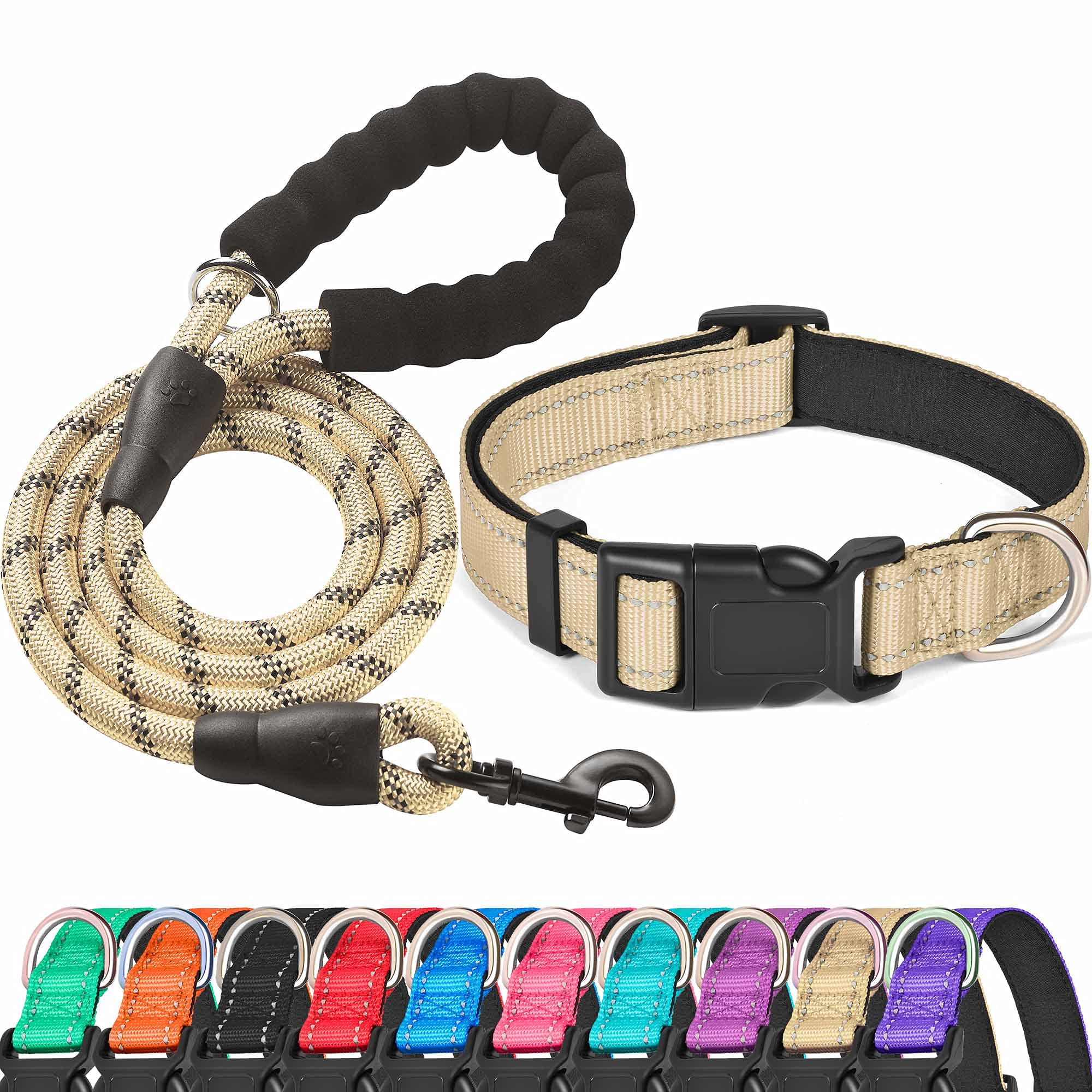 Reflective Dog Collar with Soft Neoprene Padding - Breathable Adjustable Nylon Collar for Small, Medium & Large Dogs - High Visibility Safety Collar for Night Walks (Small, Vanilla Collar + Leash) - Perfect for Evening Dog Walks, Jogging & Outdoor Adventures