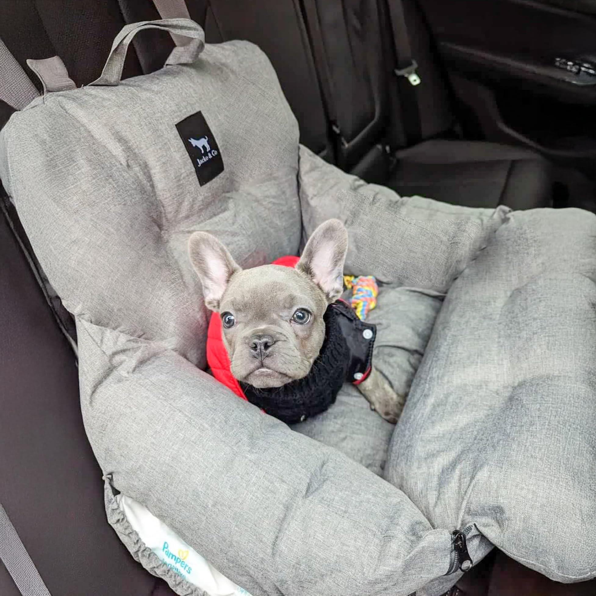 JACKO & CO Premium Dog Car Seat & Travel Bed for Small & Medium Dogs up to 30lbs - Soft Pet Carrier Bag for Puppies & Cats, Water Resistant & Machine Washable (Grey) - Perfect for Road Trips, Vet Visits & Daily Commutes