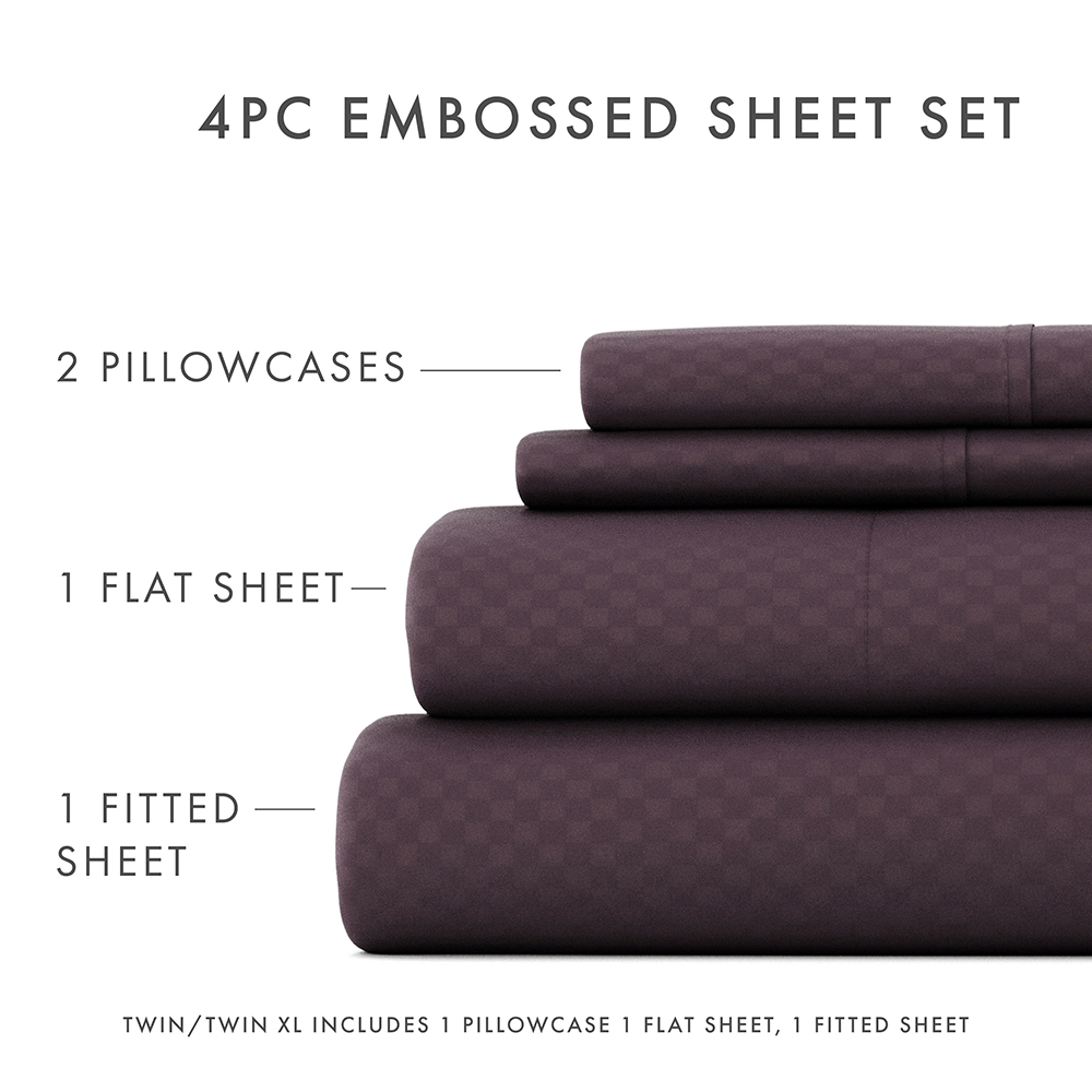 Checkered Embossed 4-Piece Queen Size Sheet Set - Soft Breathable Bedding for Comfortable Sleep - Perfect for Master Bedroom, Guest Room & Dorm