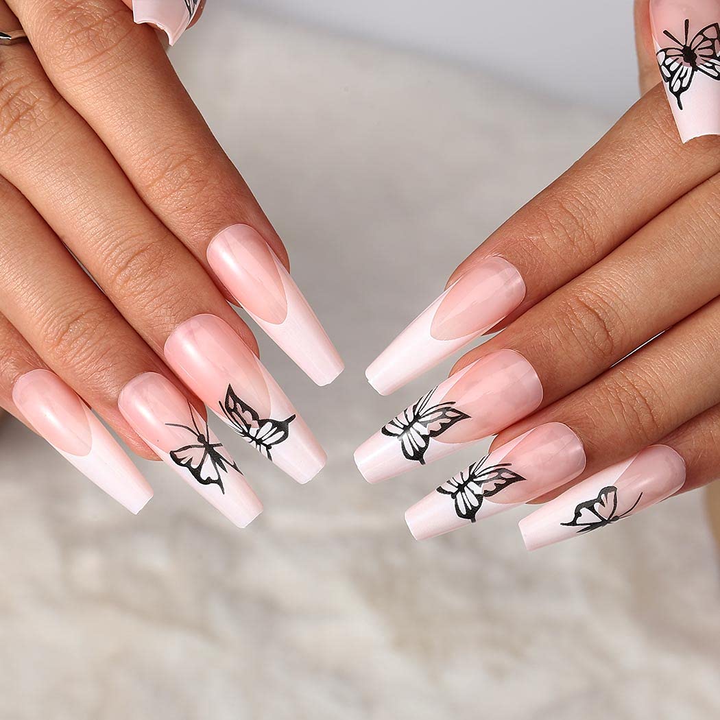 Long Square Coffin Press on Nails - Glossy Pink Butterfly Fake Nails with Ballerina French Tips - 24Pcs Acrylic Artificial Nail Set for Women & Girls - Perfect for Parties, Weddings, and Daily Wear