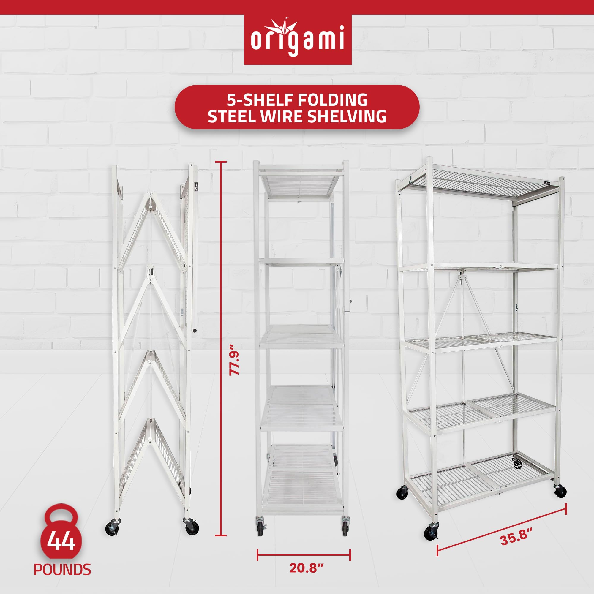 Foldable 5-Tier Storage Shelf with Wheels - No Assembly Needed, White & Multiple Colors - Space-Saving Organizer for Home, Kitchen, Office, Garage & Dorm Room