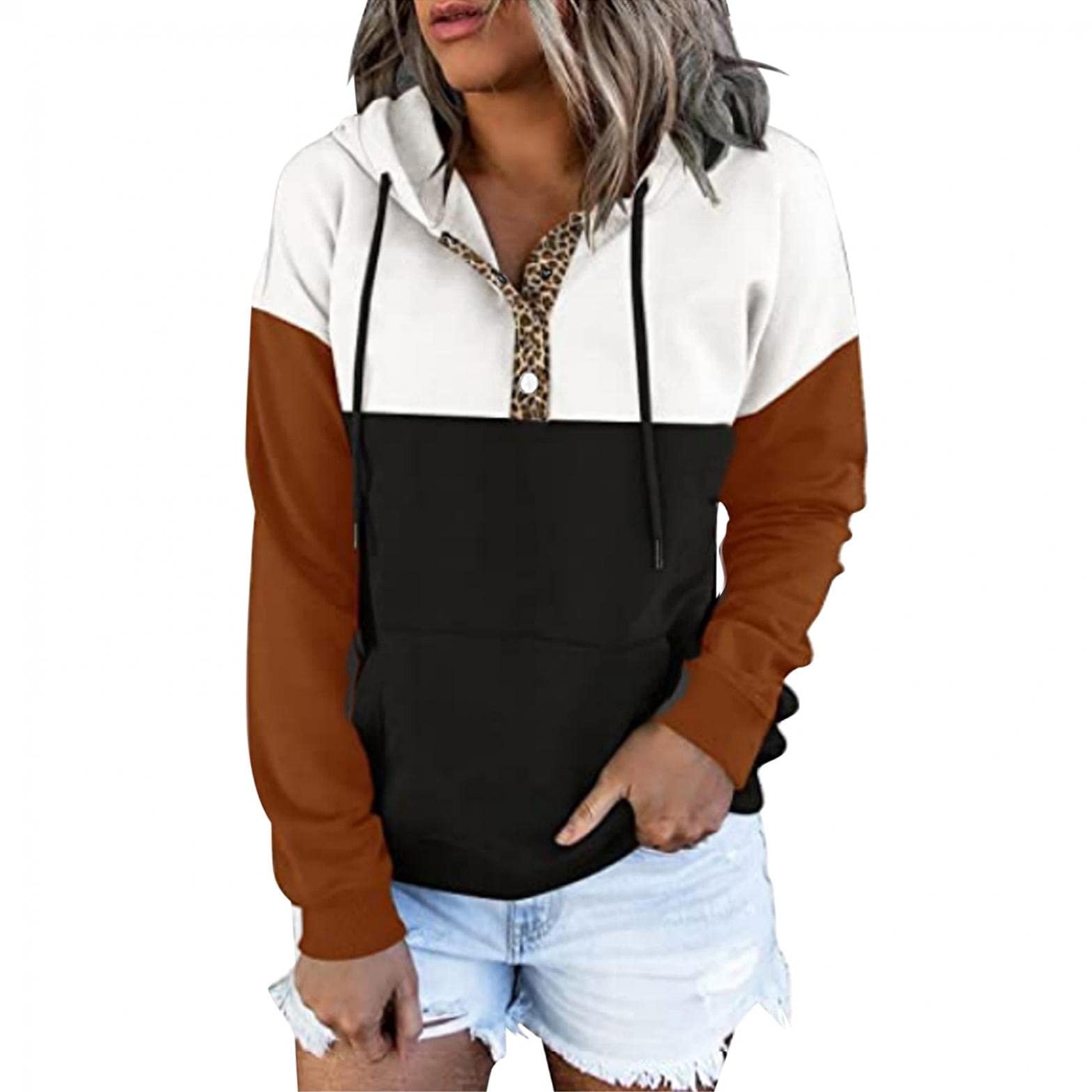 Women's Casual Hoodies - Button Up Color Patchwork Long Sleeve Hooded Sweatshirt | Cozy Winter Sweater for Outdoor Activities & Lounge Wear