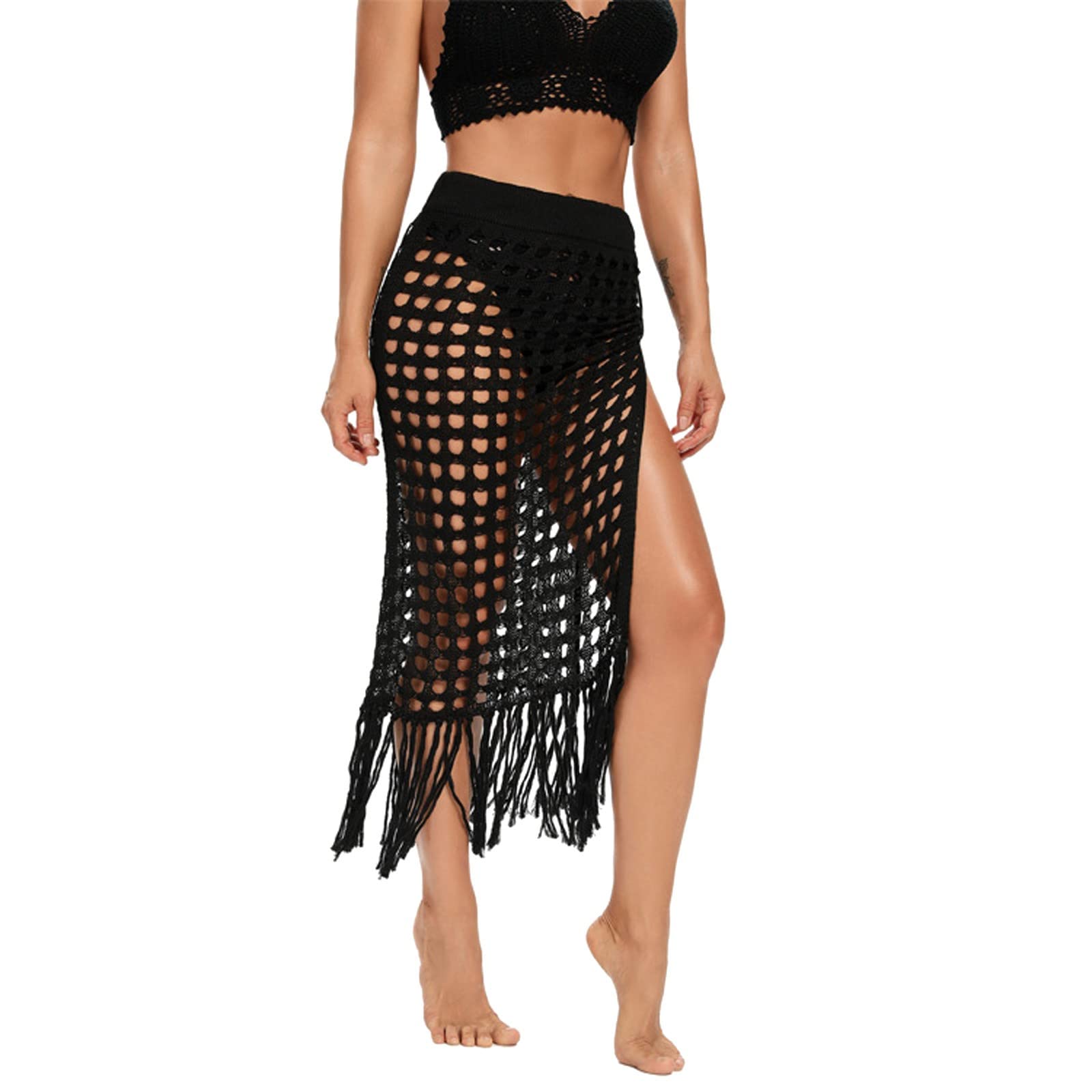 Sexy Hollow Out Mesh Tassel Skirt for Women - Crochet Beach Cover Up, Knit Sarong with Split Design - Perfect for Swimwear, Pool Party, Vacation & Summer Outfits