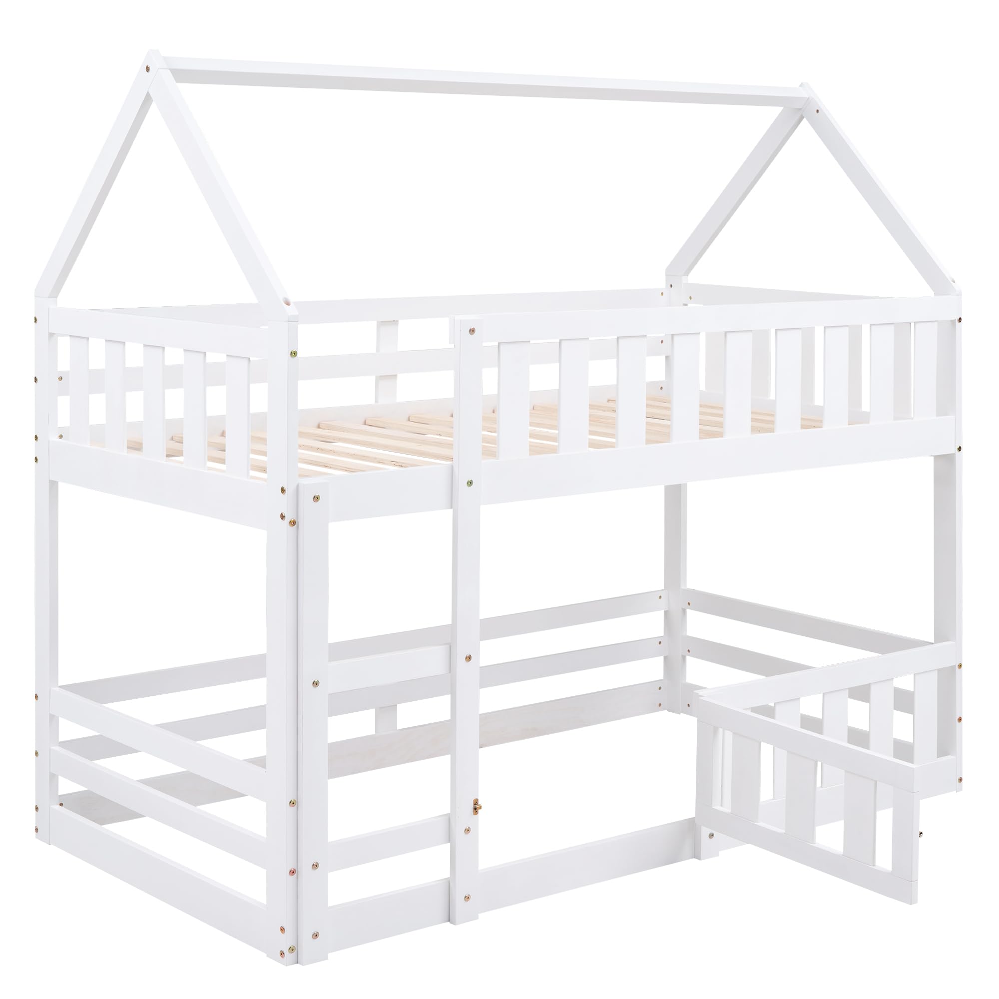 Twin Over Twin Bunk Bed with Safety Fence & Door - Solid Wood Montessori Floor Bed for Toddlers & Kids - No Box Spring Needed - White - Perfect for Small Bedrooms, Daycare Centers & Montessori Schools