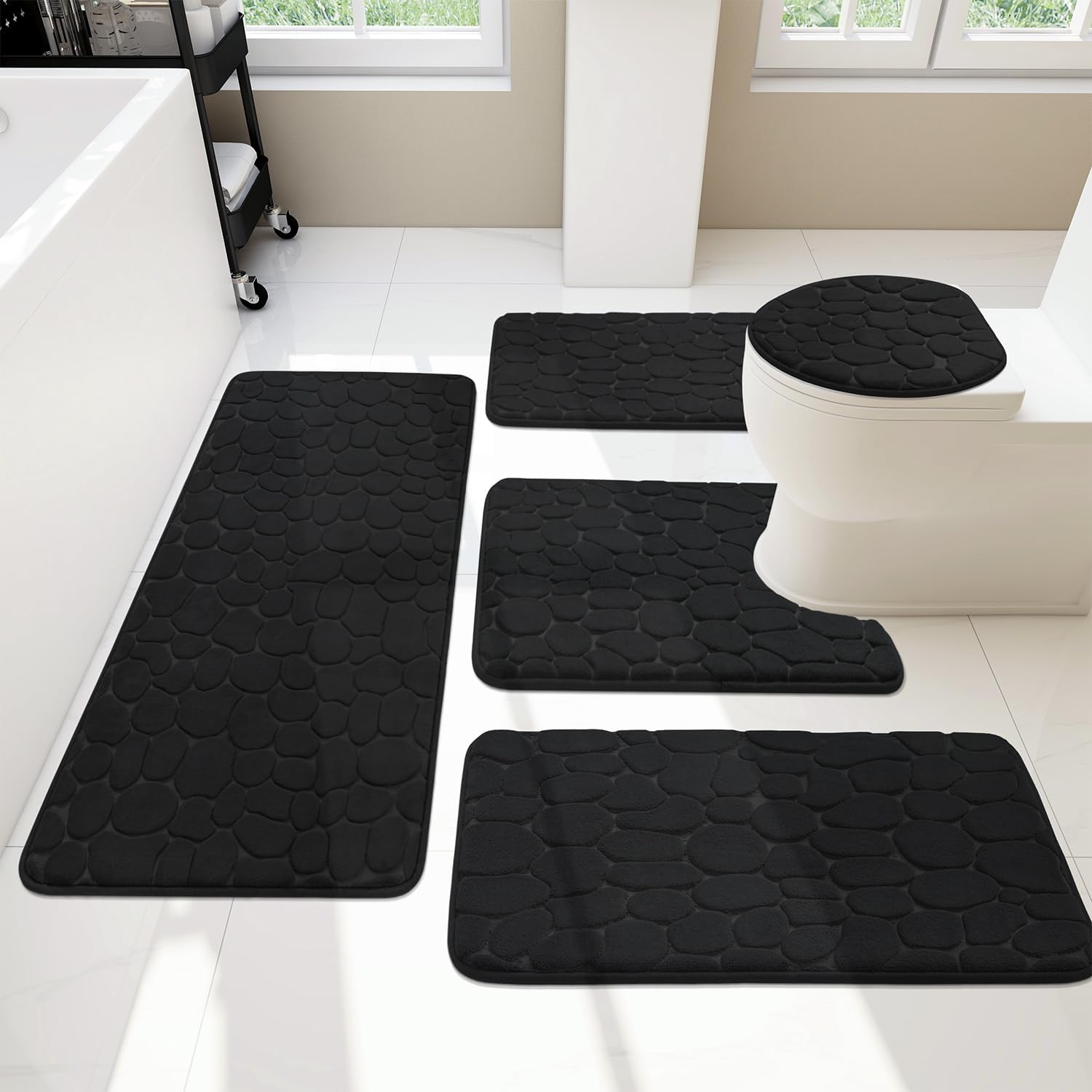 YIHOUSE 5-Piece Bathroom Rugs Set - Extra Thick Memory Foam Cobblestone Non-Slip Bath Mats, Super Absorbent & Washable Black Bathroom Mats for Tub, Toilet & Floor - Perfect for Bathroom Safety & Comfort