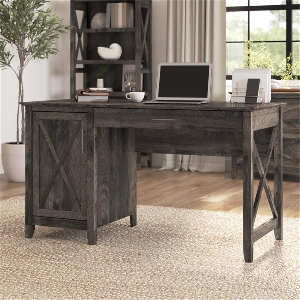 Farmhouse Wood Computer Desk with Keyboard Tray - Rustic Gray Home Office Desk for Small Spaces | Perfect for Remote Work, Study & Gaming Setup