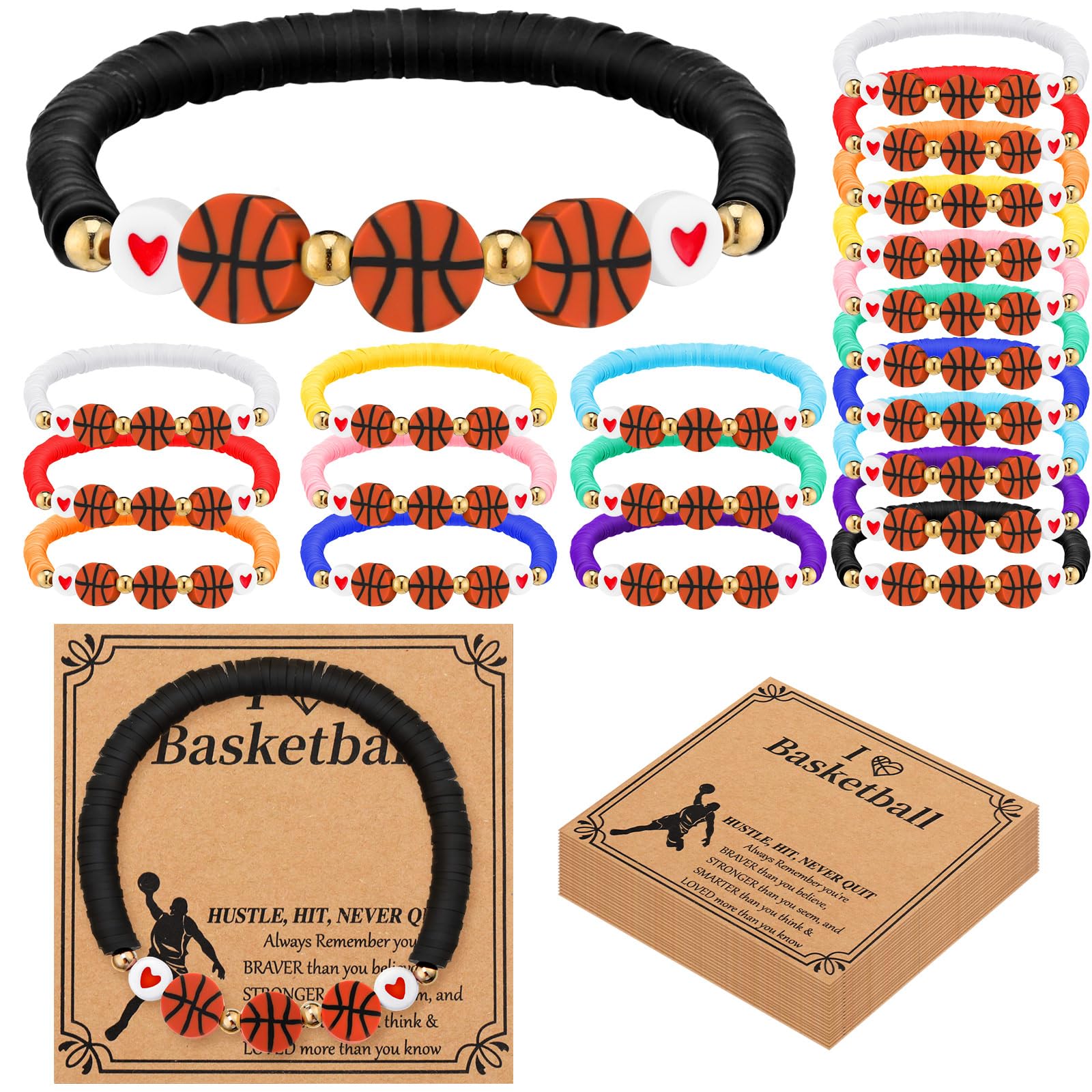 20 Pack Basketball Bracelets for Players & Fans - Motivational Sports Wristbands with Inspirational Cards - Perfect Team Gifts for Basketball Games, Training & Fan Support