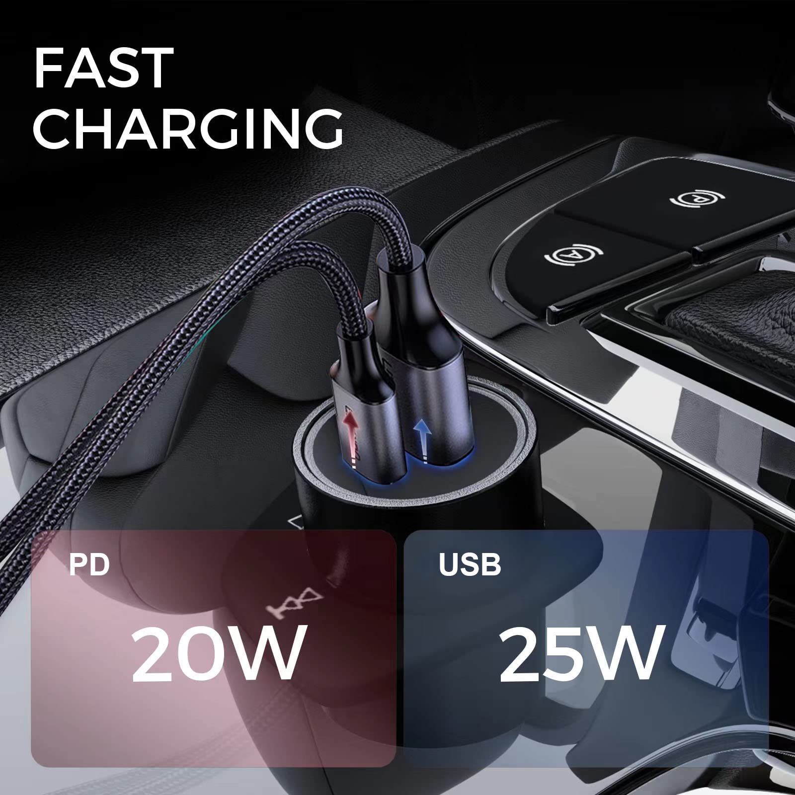 45W Fast Car Charger with 3A USB Port - Compatible with iPhone 14 Pro Max/13/12/11/X/6s, iPad Air 2/Mini 3, Samsung Note 9/S10/S9/S8 - Metal Flush Fit Design for Road Trips & Daily Commute