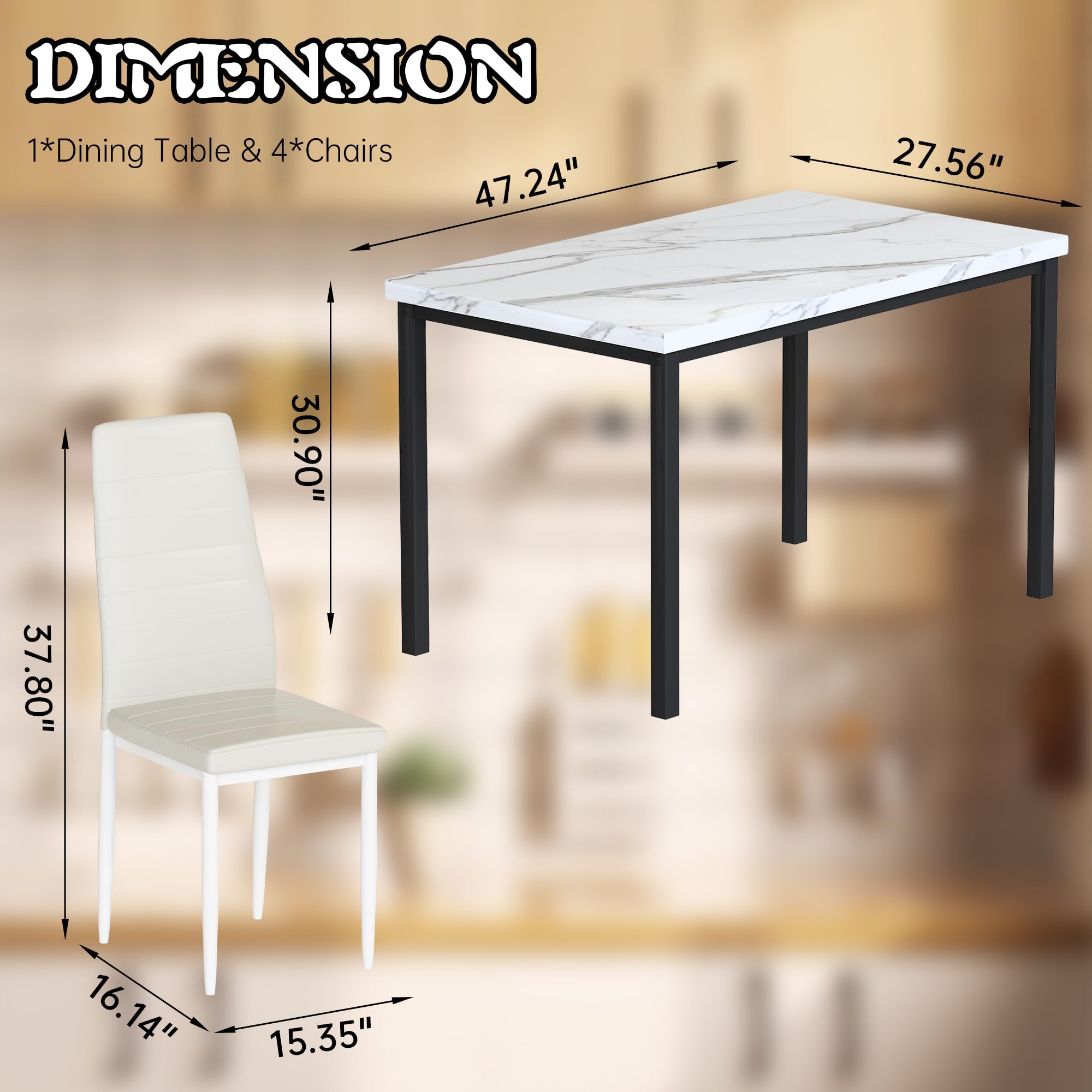 DKLGG 5-Piece Dining Table Set for 4 with PU Leather Chairs & Faux Marble Top - Space-Saving Kitchen Table Set for Small Homes & Apartments - Perfect for Family Meals, Dinner Parties & Compact Living Spaces
