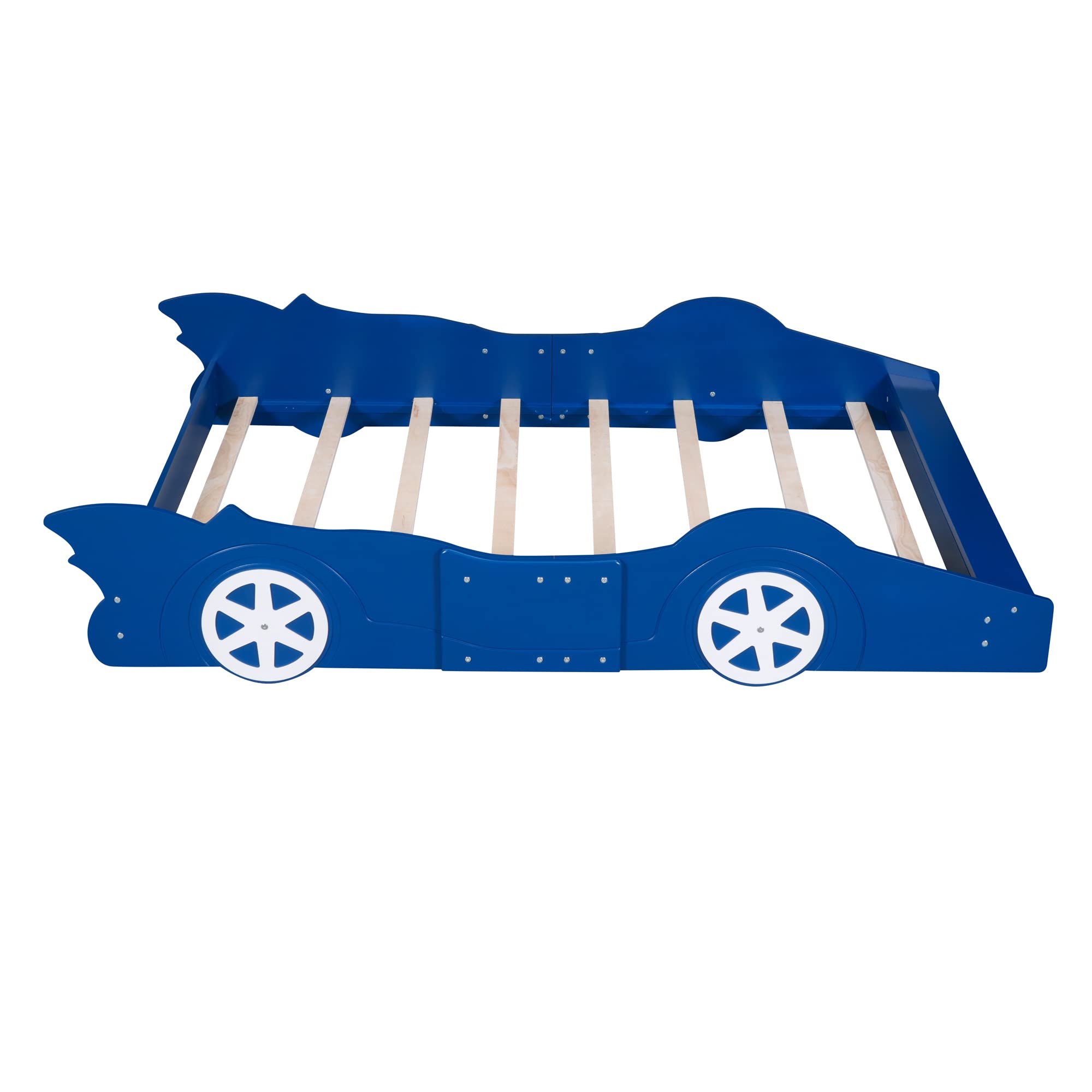 Full Size Race Car Bed for Boys - Wooden Car-Shaped Bed Frame with Wheels & Slat Support - Blue Kids Bedroom Furniture for Playrooms & Sleepovers