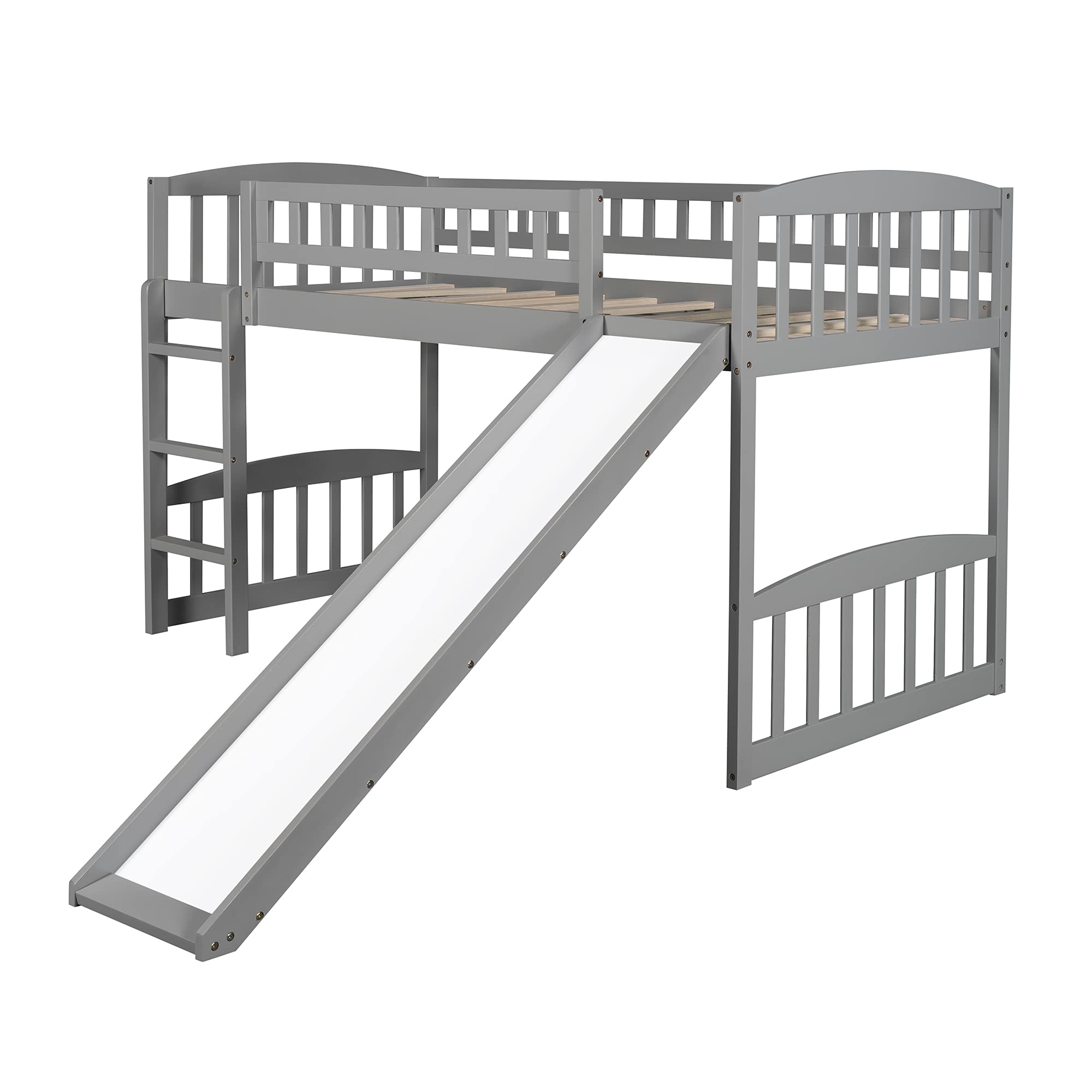 Twin Size Low Loft Bed with Slide and Ladder - Sturdy Wooden Loft Bed Frame for Kids, Girls & Boys in Gray | Perfect for Small Bedrooms, Playrooms & Dorm Rooms