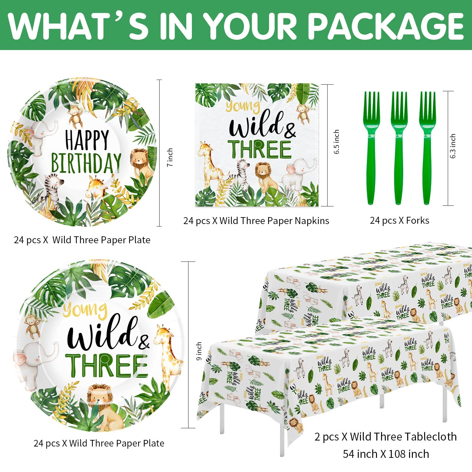 Jungle Animal 3rd Birthday Party Supplies - Wild & Three Decorations Set for Safari Theme (24-Pack) | Includes Tableware, Paper Plates, Napkins, Tablecloth & Forks | Perfect for Kids Birthday Parties, Baby Showers & Zoo-Themed Events