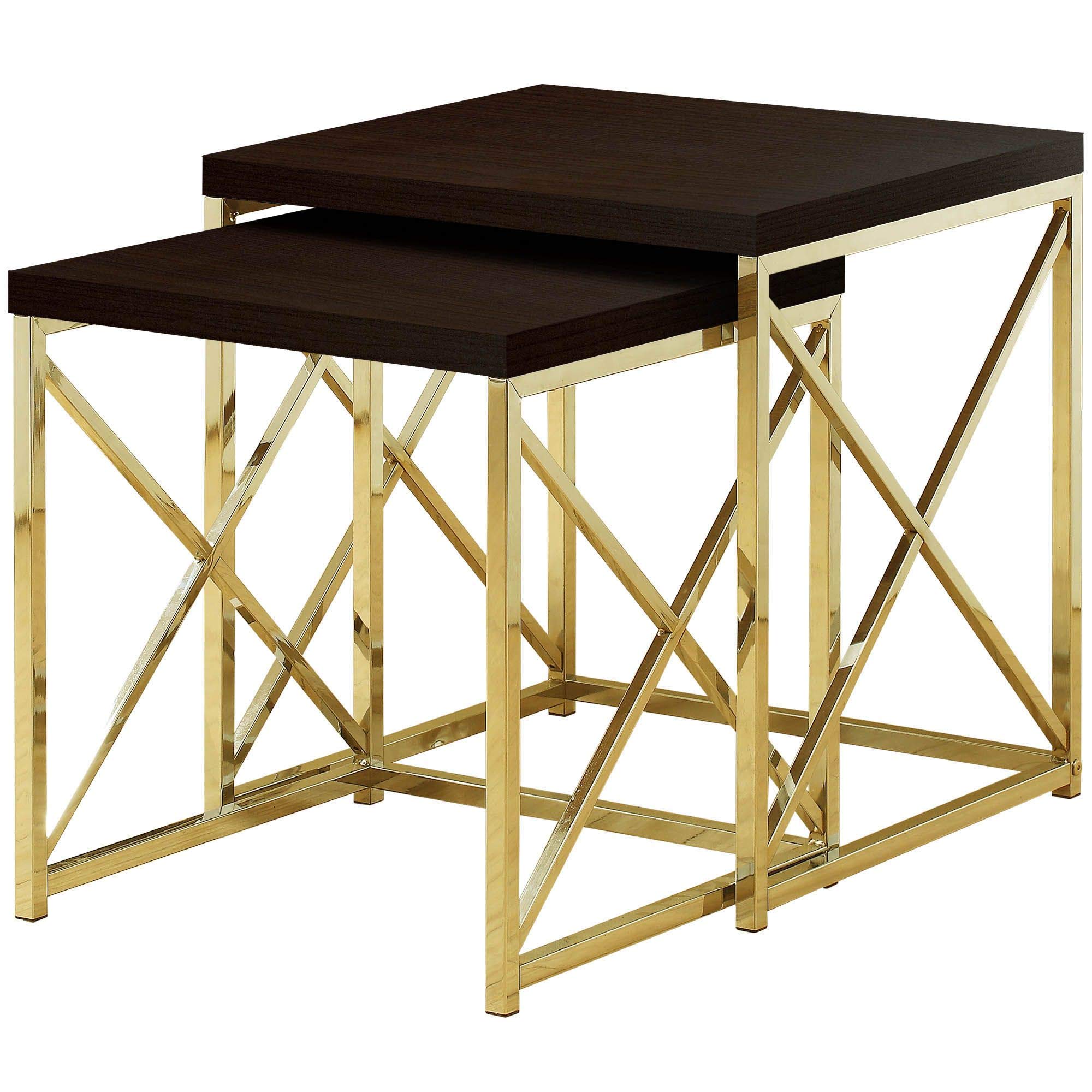 Offex Contemporary 2-Piece Square Nesting Coffee Tables with Gold Metal Frame - Cappuccino Finish | Perfect for Small Spaces, Living Room Decor & Modern Home Accent