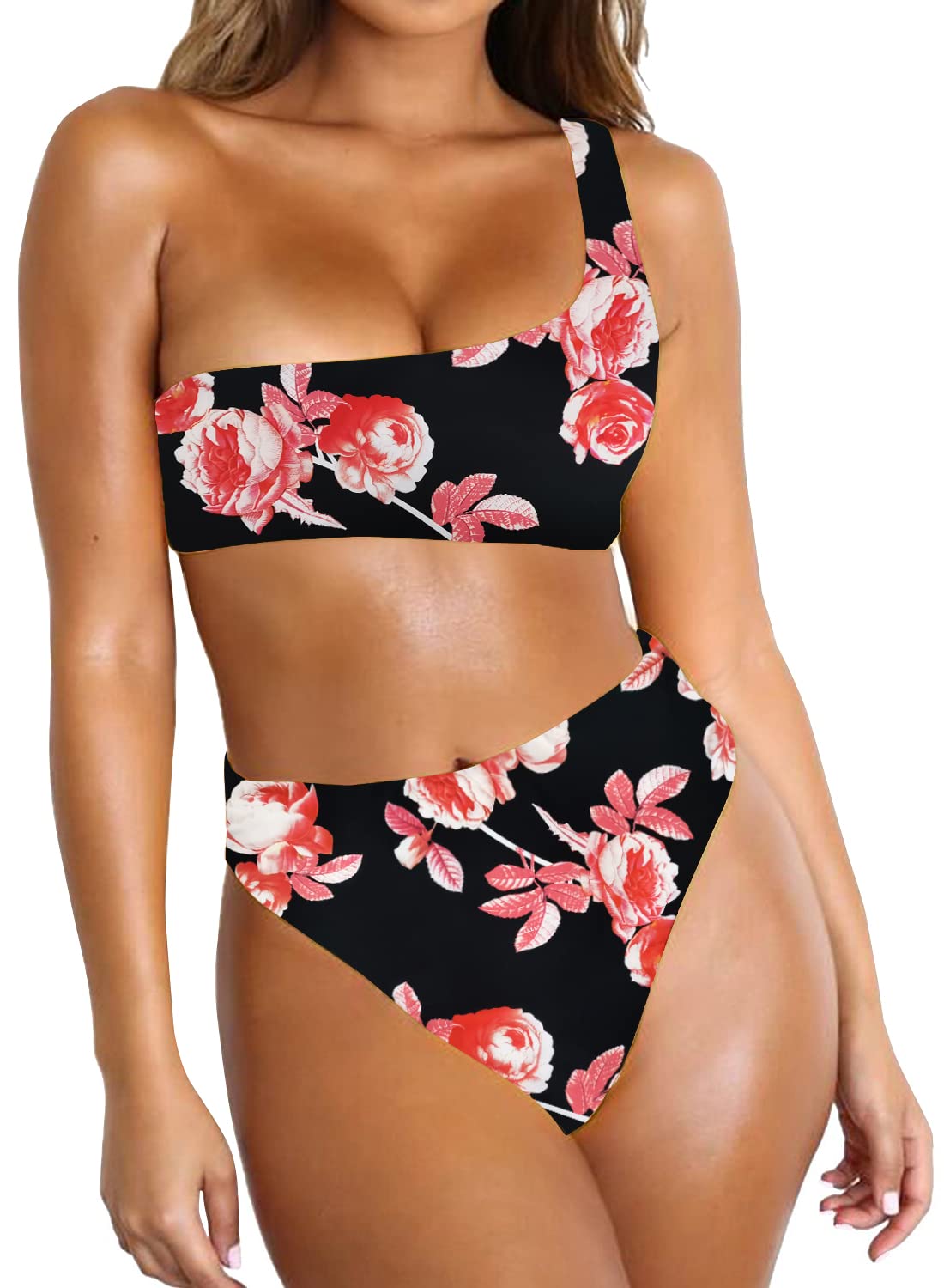 Byoauo Women's One Shoulder Bikini Top with High Waisted Bottom - Sexy Two Piece Swimsuits for Beach, Pool, Vacation & Summer Fashion