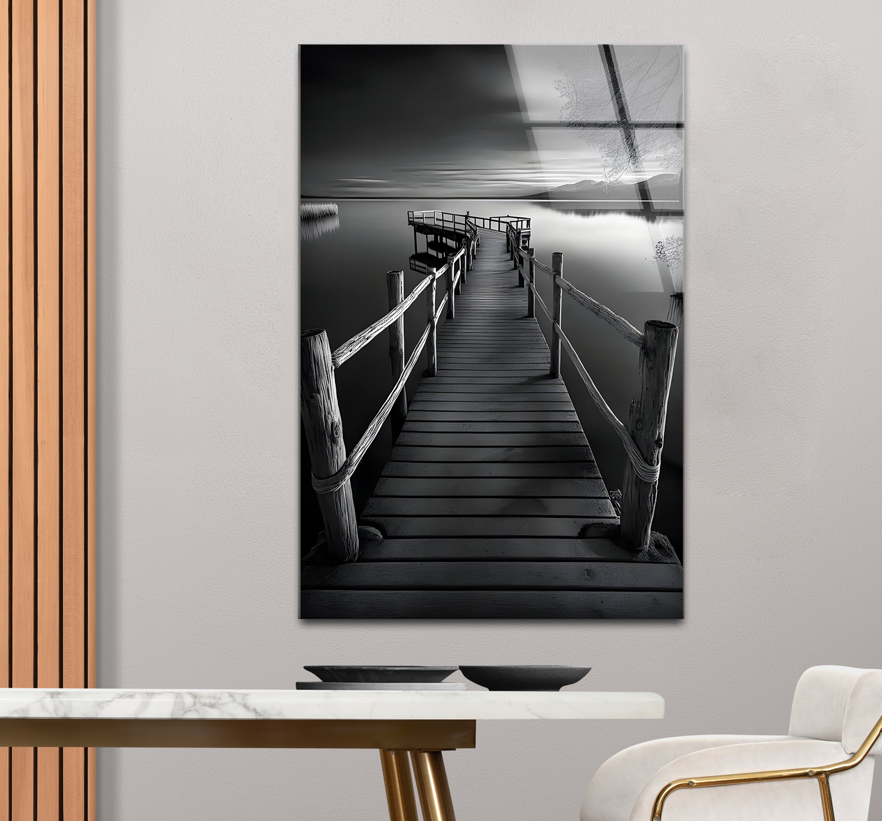 Black and White Dock Landscape Glass Wall Art - Modern Framed Home Decor for Living Room, Bedroom, Office | Coastal Nautical Theme