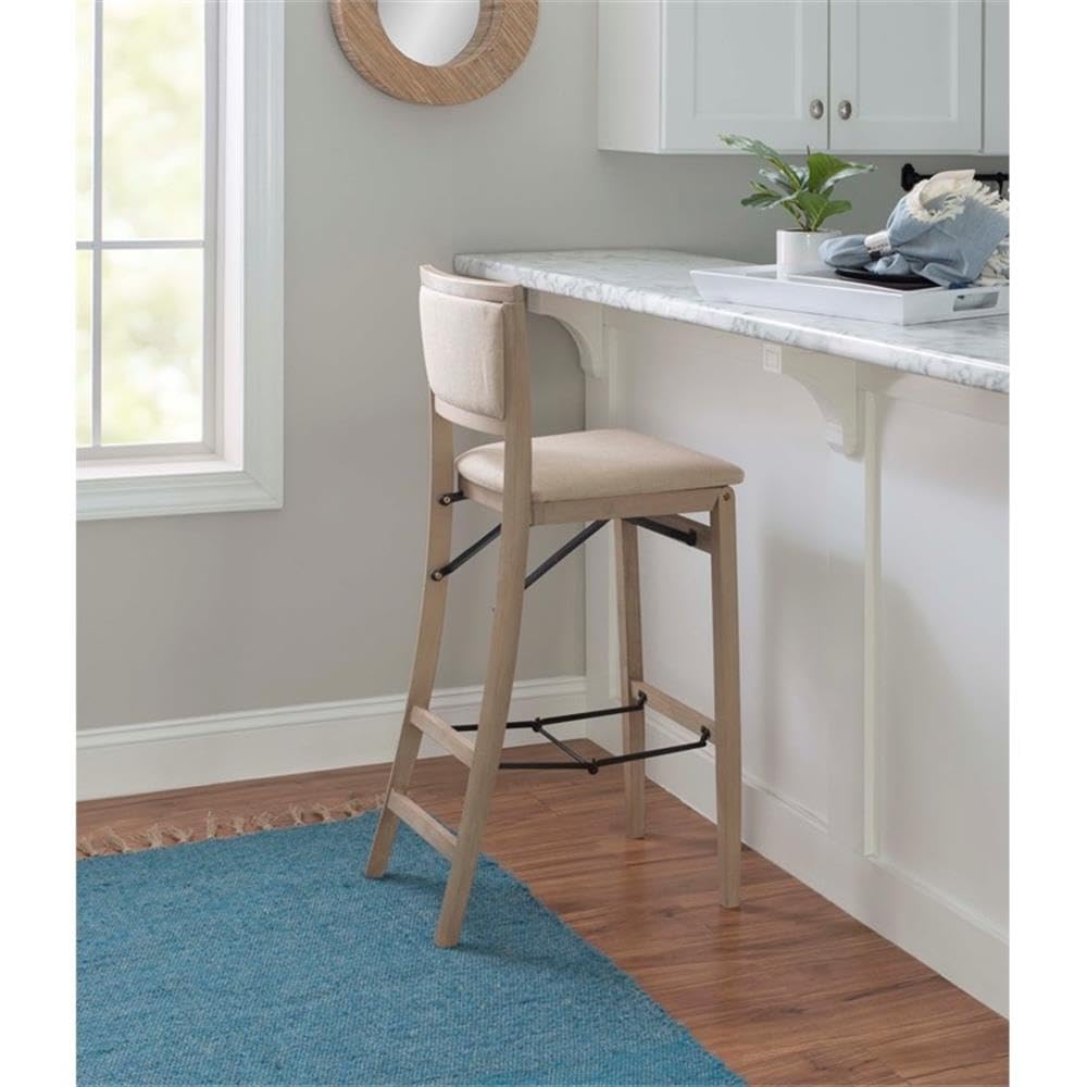 Linon Keira Graywash Wood Folding Bar Stool with Padded Fabric Seat & Back - Perfect for Kitchen Islands, Home Bars & Small Spaces