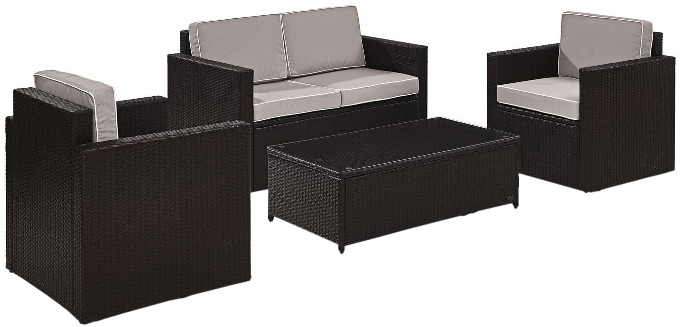 Crosley Palm Harbor 4-Piece Outdoor Wicker Loveseat Set with Gray Cushions - Patio Furniture Conversation Set for Garden, Backyard & Poolside Relaxation
