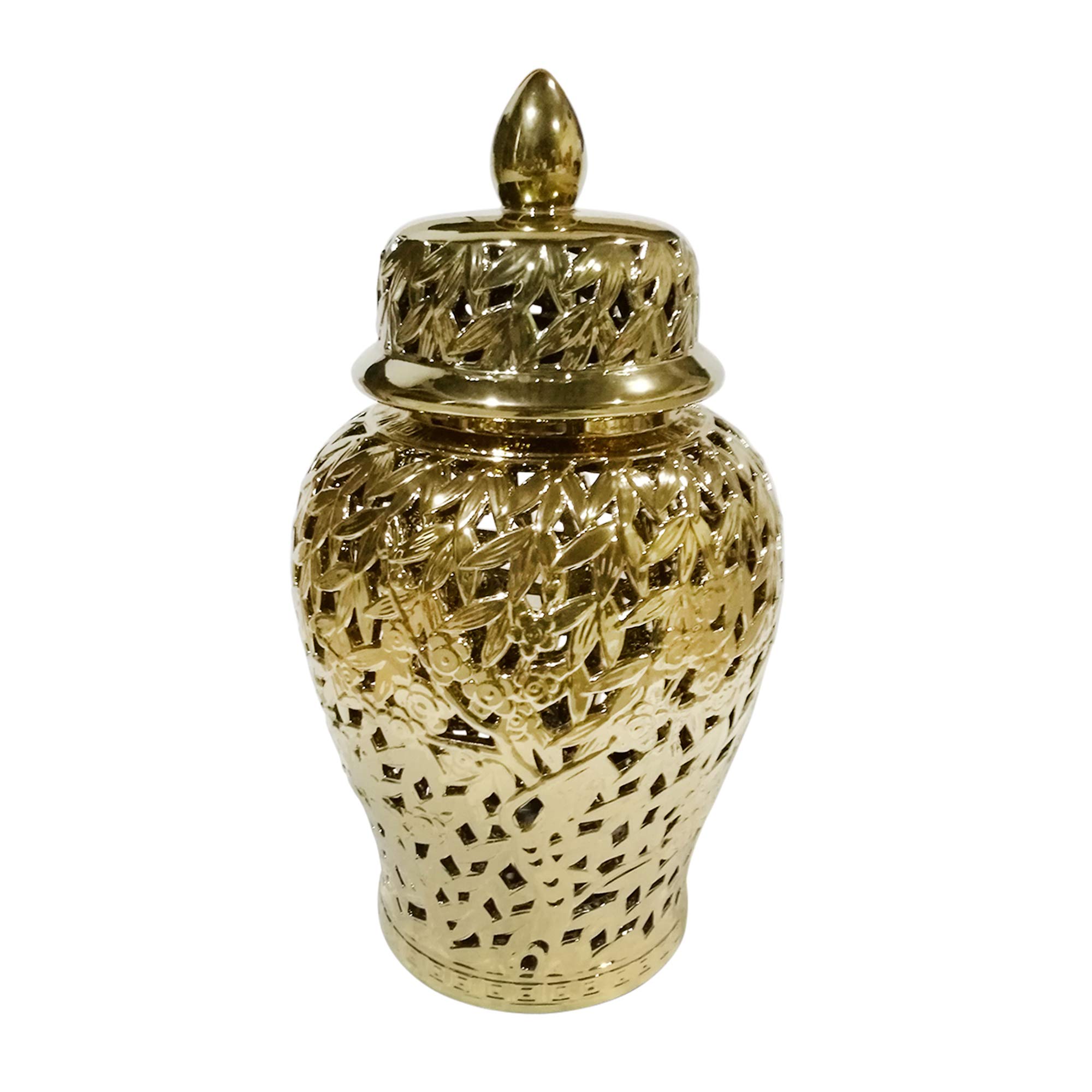 Sagebrook Home 12468-04 Gold Pierced Ceramic Temple Jar - 13.75x13.75x24 Inches - Boho Home Decor for Living Room, Bedroom & Office