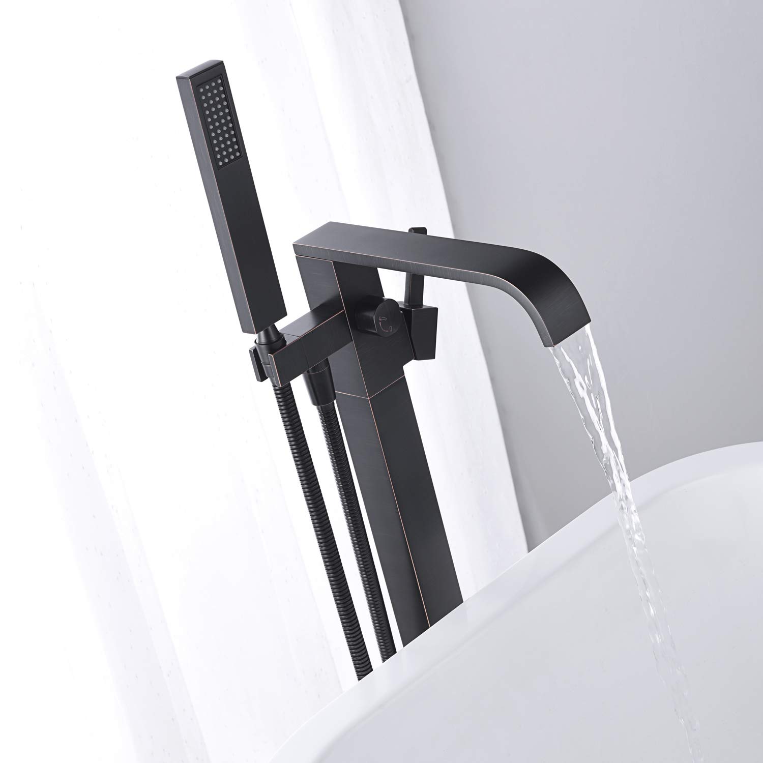 Freestanding Bathtub Faucet - Oil Rubbed Bronze Floor Mount Brass Tub Filler with Hand Shower - Single Handle Bathroom Faucet for Spa-Like Relaxation & Modern Bathroom Upgrade