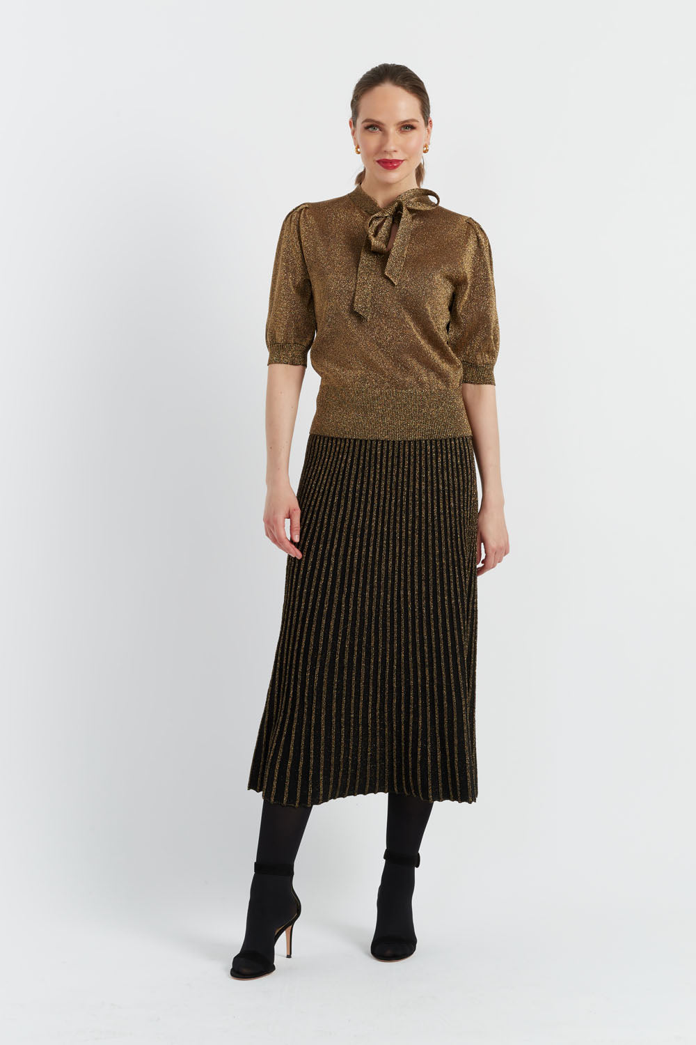 Elegant Gold Lurex Pussy Bow Blouse for Women - Perfect for Office Wear, Cocktail Parties & Special Occasions