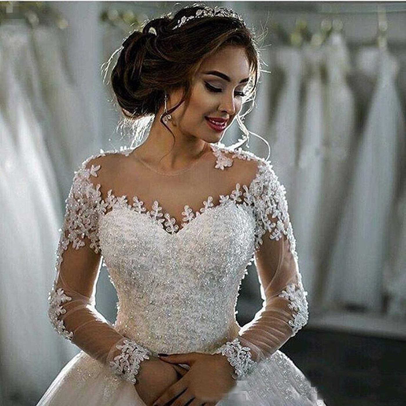 Elegant Long Sleeve Lace Wedding Dress for Women - Ball Gown Bridal Gown in White | Perfect for Church Ceremonies, Formal Weddings & Princess-Style Bridal Looks