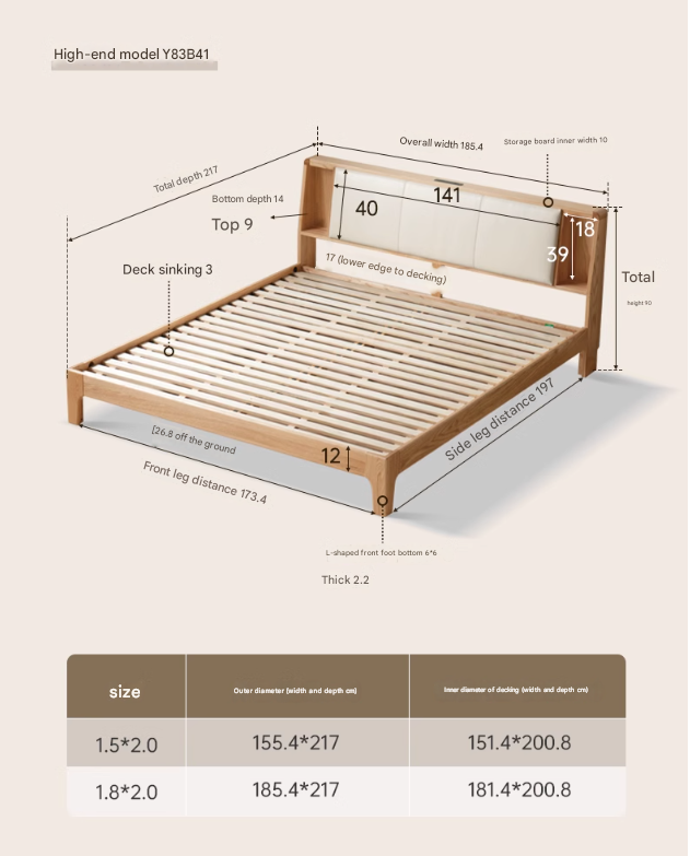 Solid Oak Wood Leather & Fabric Luminous Bed with Shelf - Modern Platform Bed Frame with Storage for Bedroom, Guest Room, or Dorm