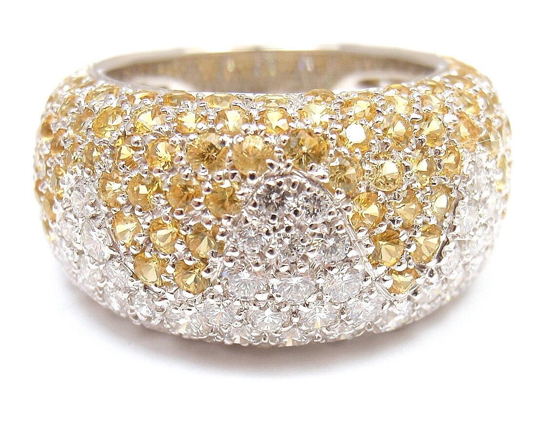 Authentic Chopard 18K White Gold Yellow Sapphire Diamond Wave Wide Band Ring for Women - Luxury Statement Jewelry for Weddings, Anniversaries & Special Occasions