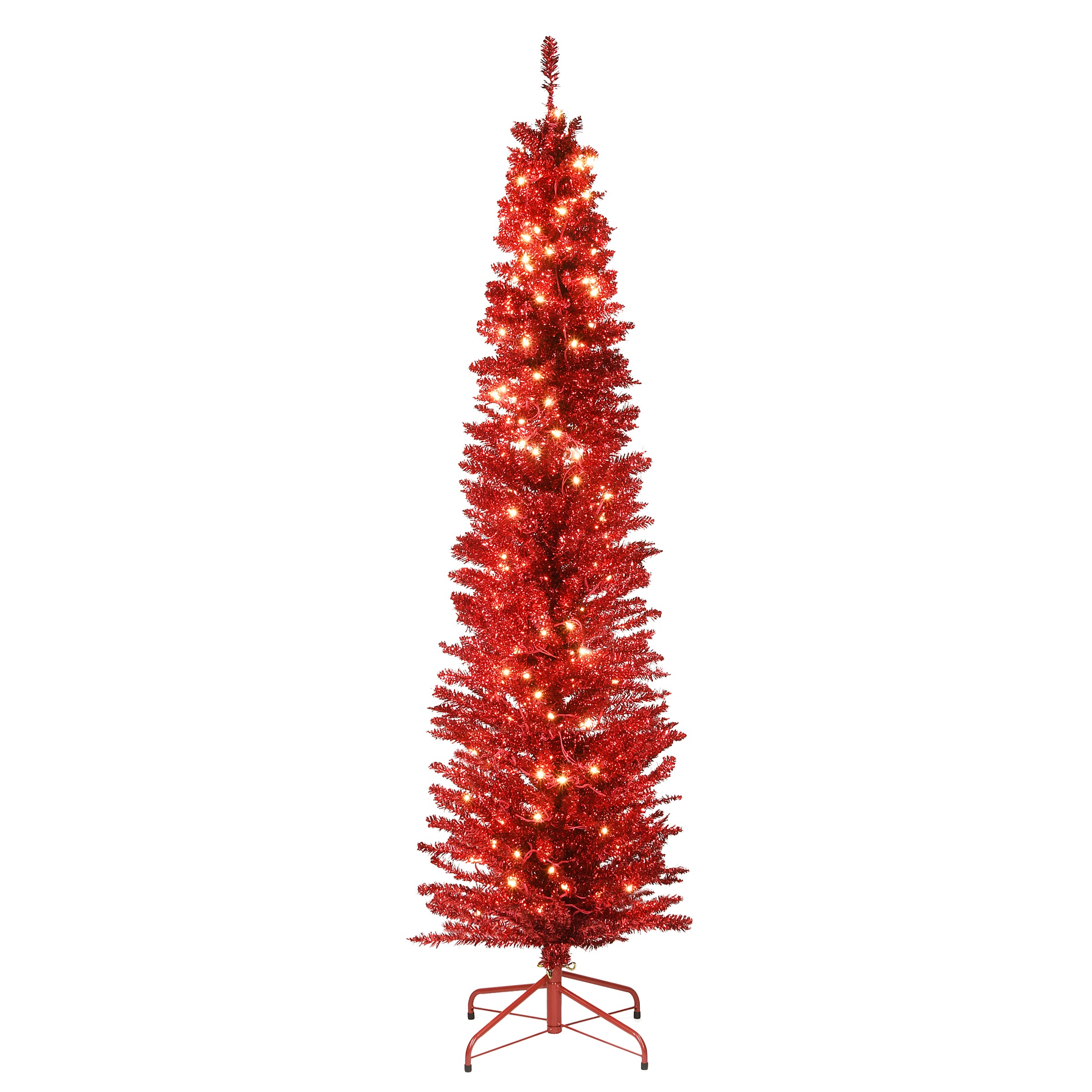 6 ft Pre-Lit Artificial Christmas Tree with Red Tinsel and Clear LED Lights - Perfect for Holiday Home Decor, Office, and Party Festive Atmosphere
