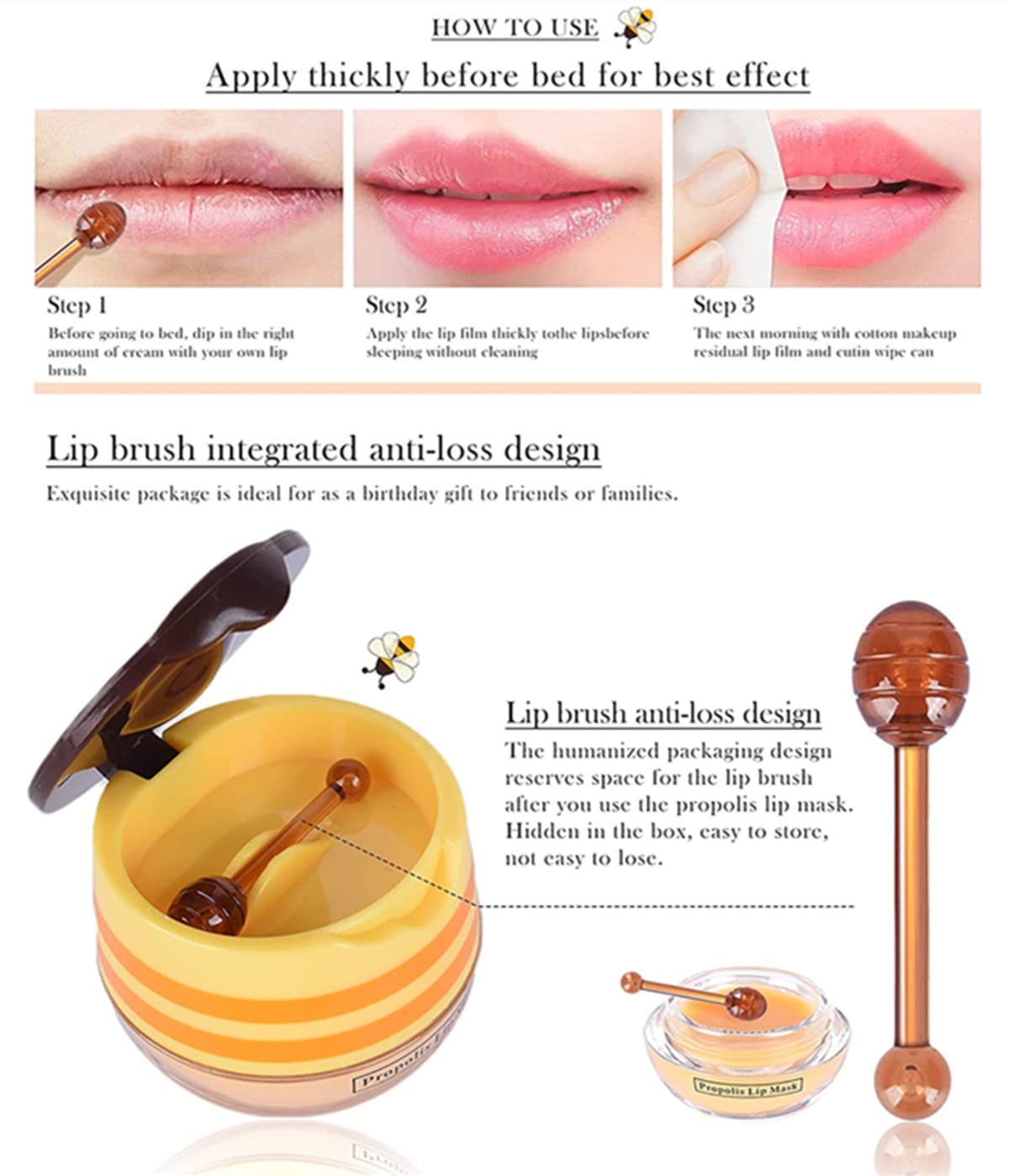 Honey Lip Mask for Dry Lips - Propolis Moisturizing Lip Balm for Night Care & Hydration