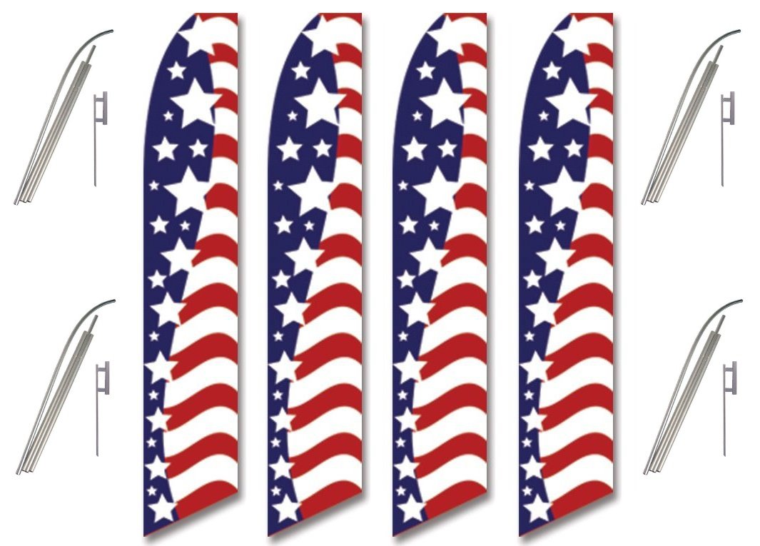 4 Pack Swooper Flags with Pole Kits - USA American Stars & Stripes Patriotic Decor for Yard, Garden, and Independence Day Celebrations