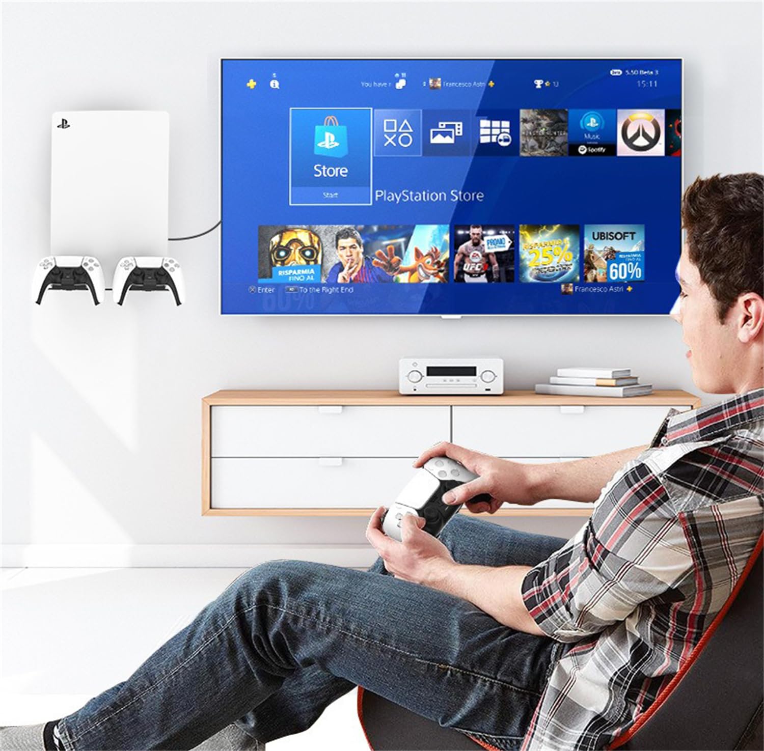 Scosao Wall Mount Bracket for PS5 Slim/PS5 Console (Disc/Digital Edition) - Heavy Duty Steel Mount with 2 Removable Controller Holders & Headphone Hook - Perfect for Gaming Room, Bedroom, and Space-Saving Setup